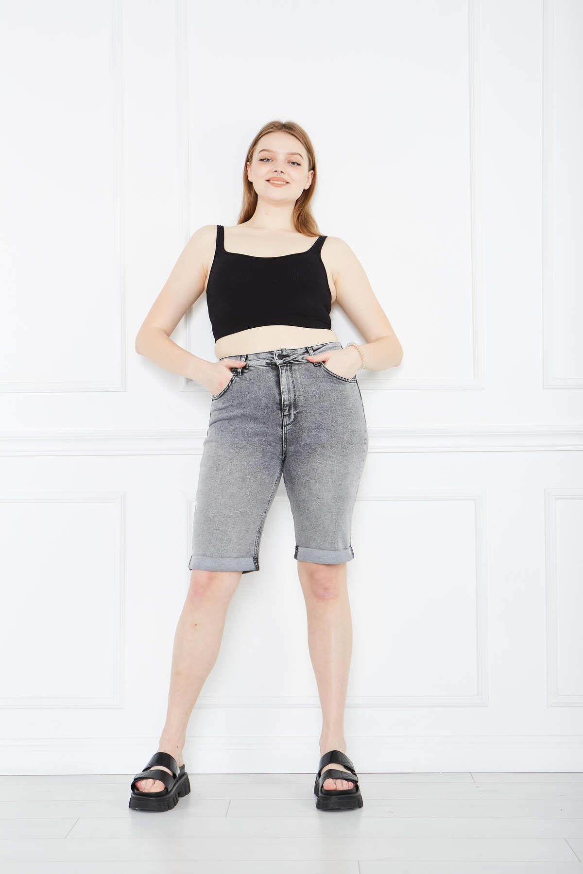 Gray Leg Folded Above Knee Shorts