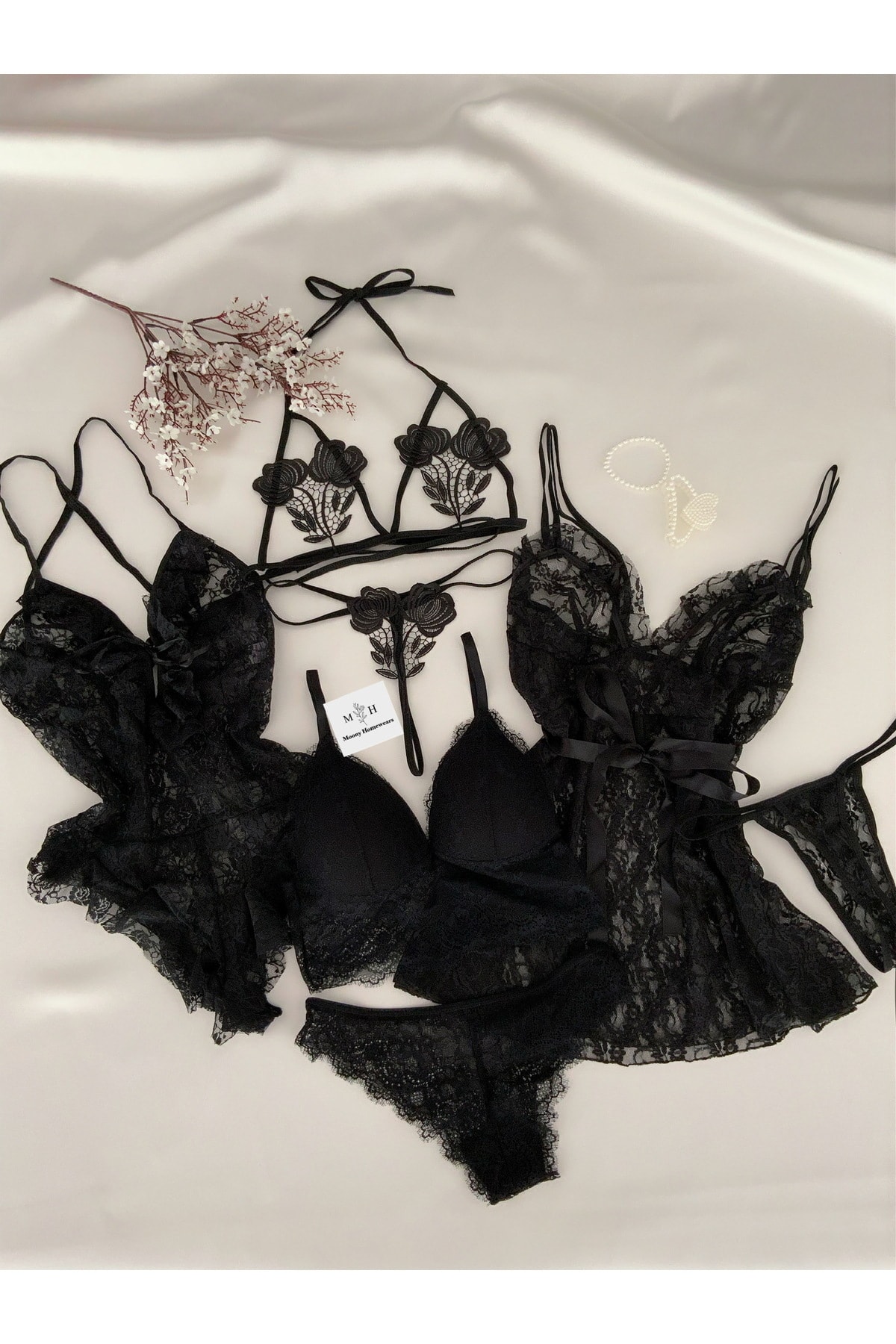 MH Moony Homewears  7'li Fantezi Siyah Gecelik Iç Giyim Seti