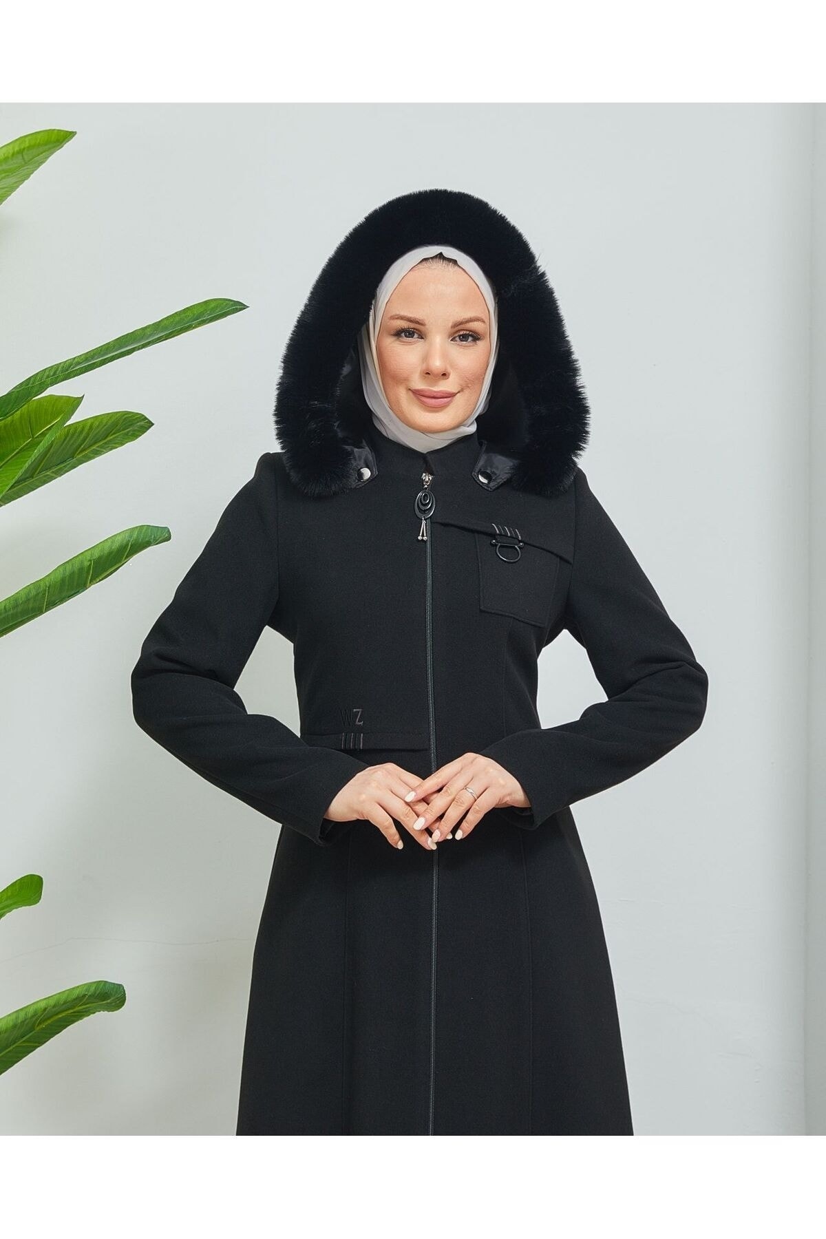 Mobile Hooded Zippered Coat with Embroidery Detail