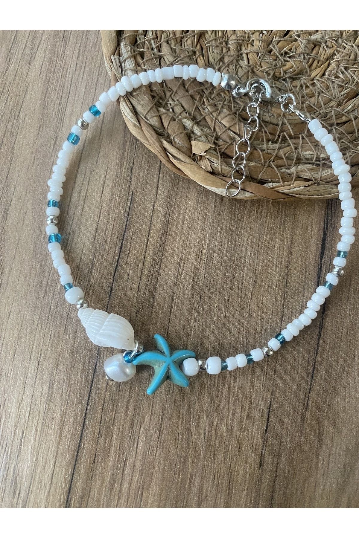 Stoneday-Blue Turquoise Crimped Natural Stone Starry Sea Shell Detailed Pearls Sand Bead Anklet 1