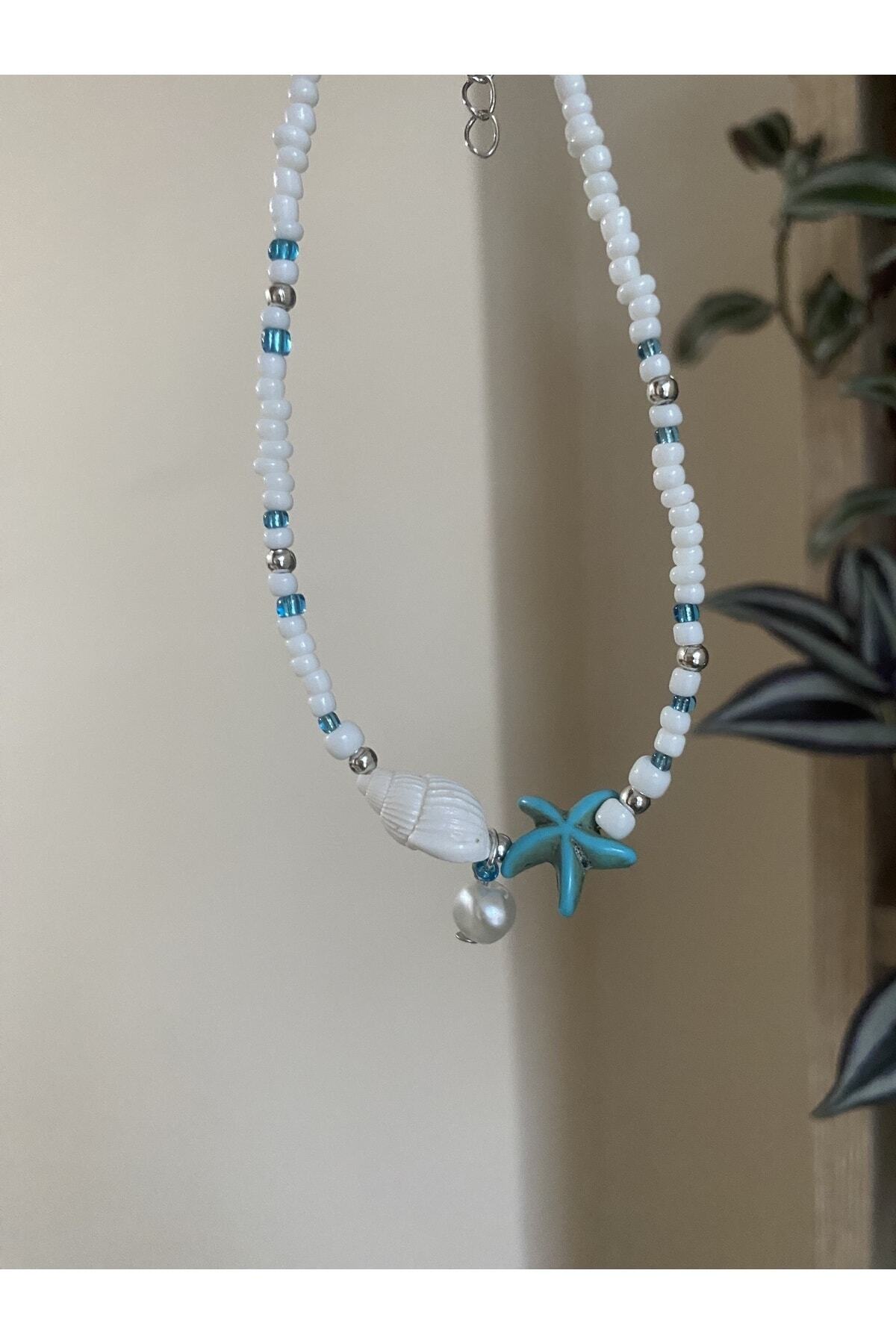 Stoneday-Blue Turquoise Crimped Natural Stone Starry Sea Shell Detailed Pearls Sand Bead Anklet 3