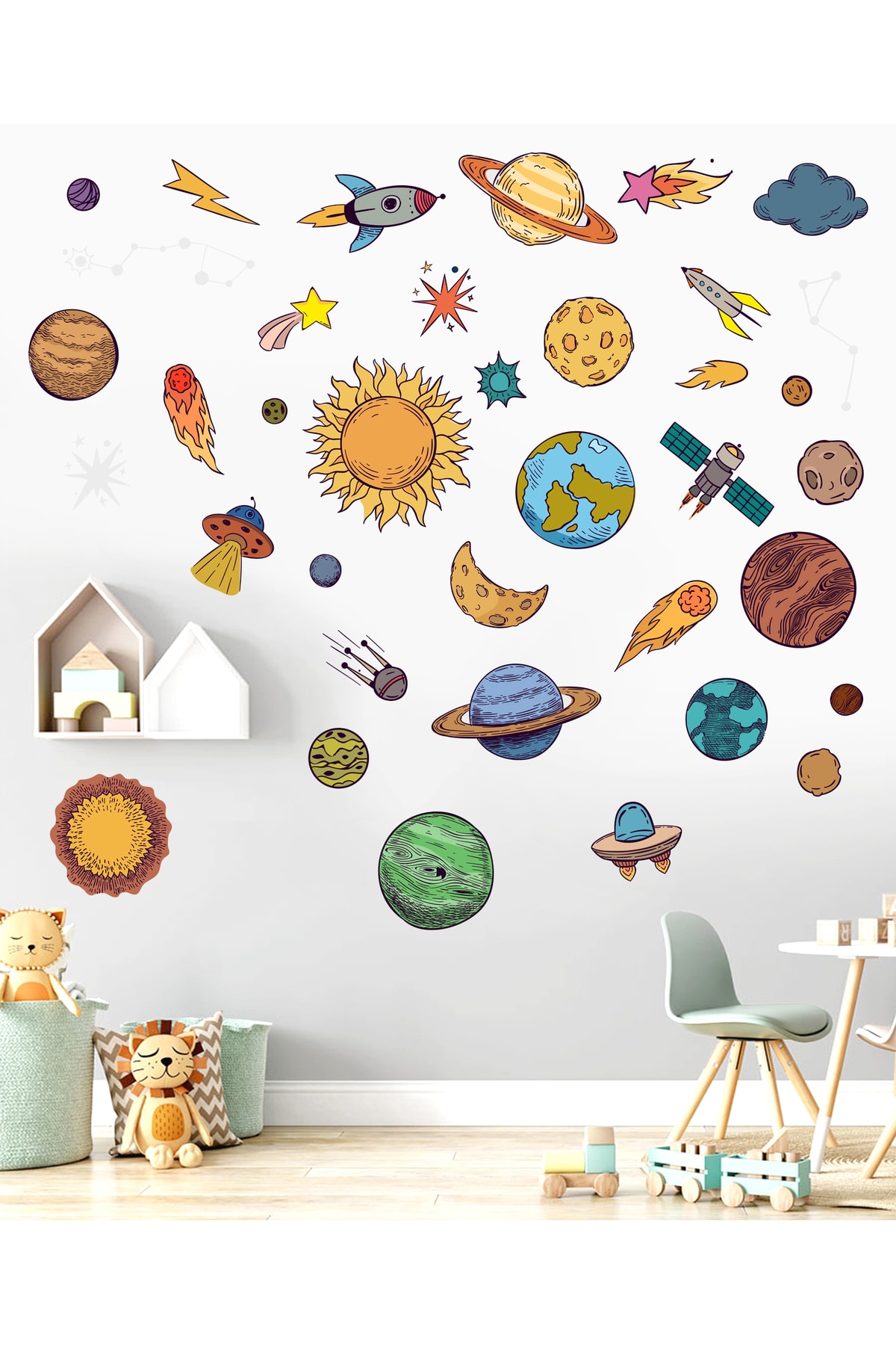 Sticker Sepetim Uzay Temalı Gezegenler, Yıldızlar, Astroit Uzay Objeleri Dekoratif Duvar Sticker fotoğrafı 3 (önizleme)