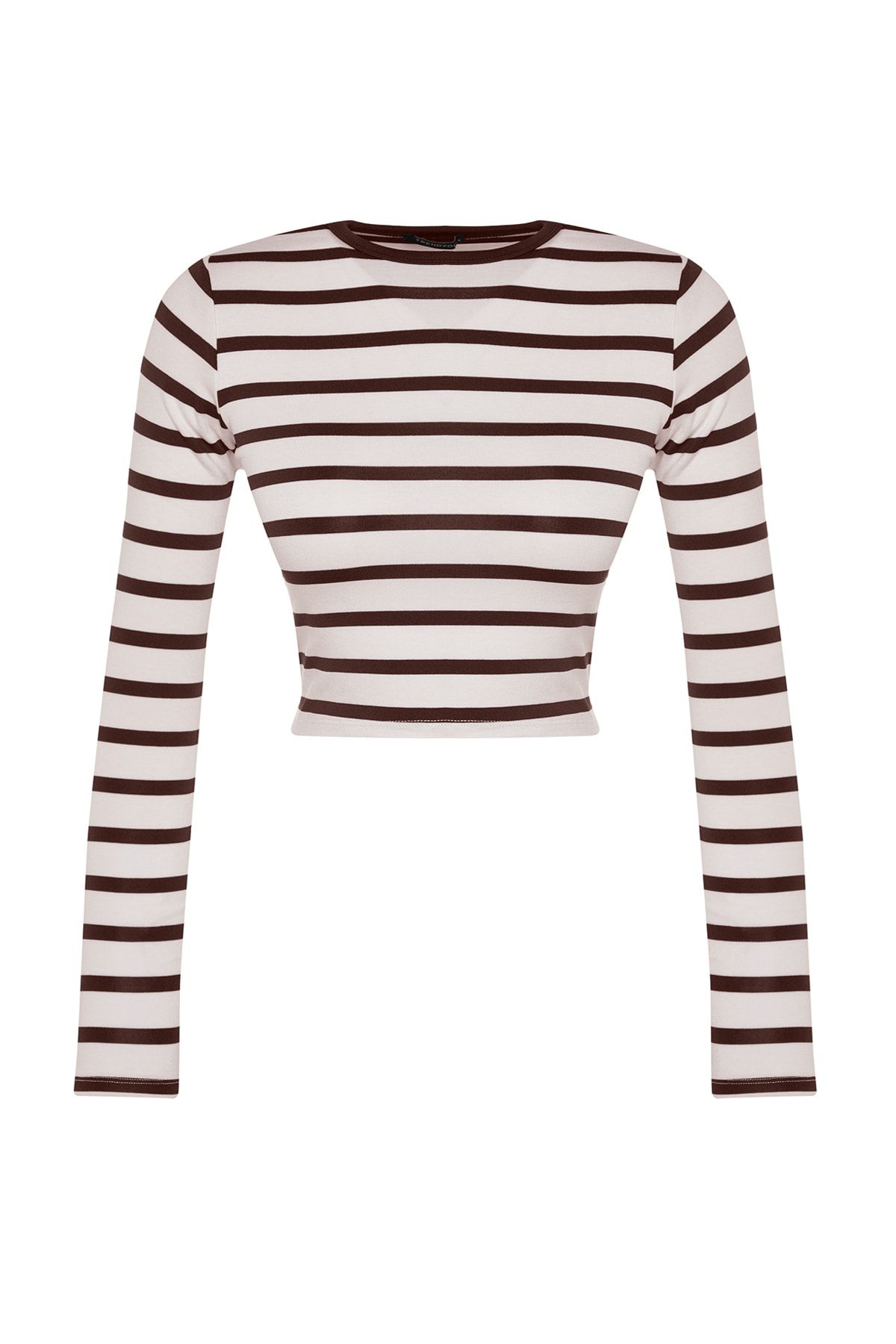  TRENDYOLM?LLA Kahverengi Cizgili Premium Viskoz Yumu?ak Kuma?l? Fitted Crop Esnek ?rme Bluz