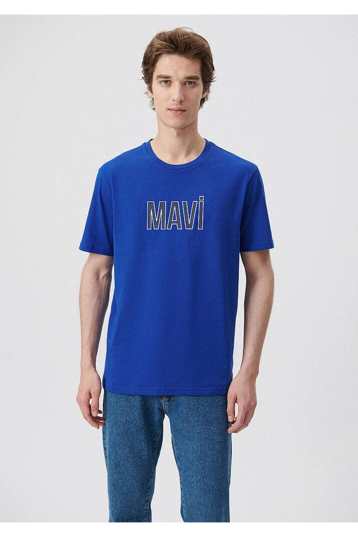 Mavi آرم چاپ شده تی شرت آبی به طور منظم / برش معمولی 066842-70896