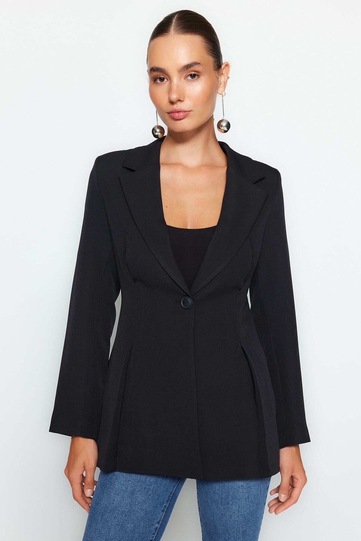 Trendyol Collection Czarna dopasowana tkana marynarka z podszewką TWOAW24BC00047