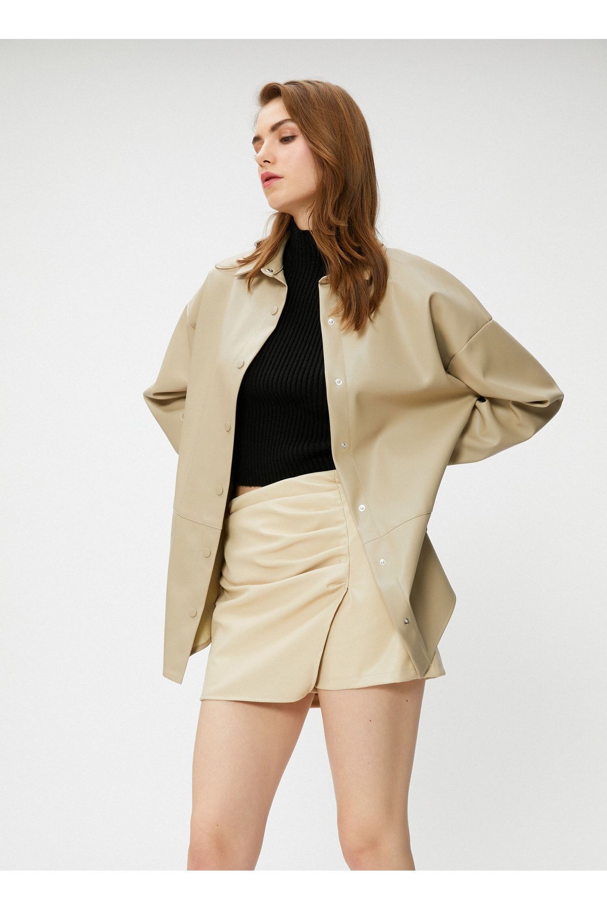 Koton-Standard Shirt Collar Plain Mink Women's Shirt 4WAK60006EW 2