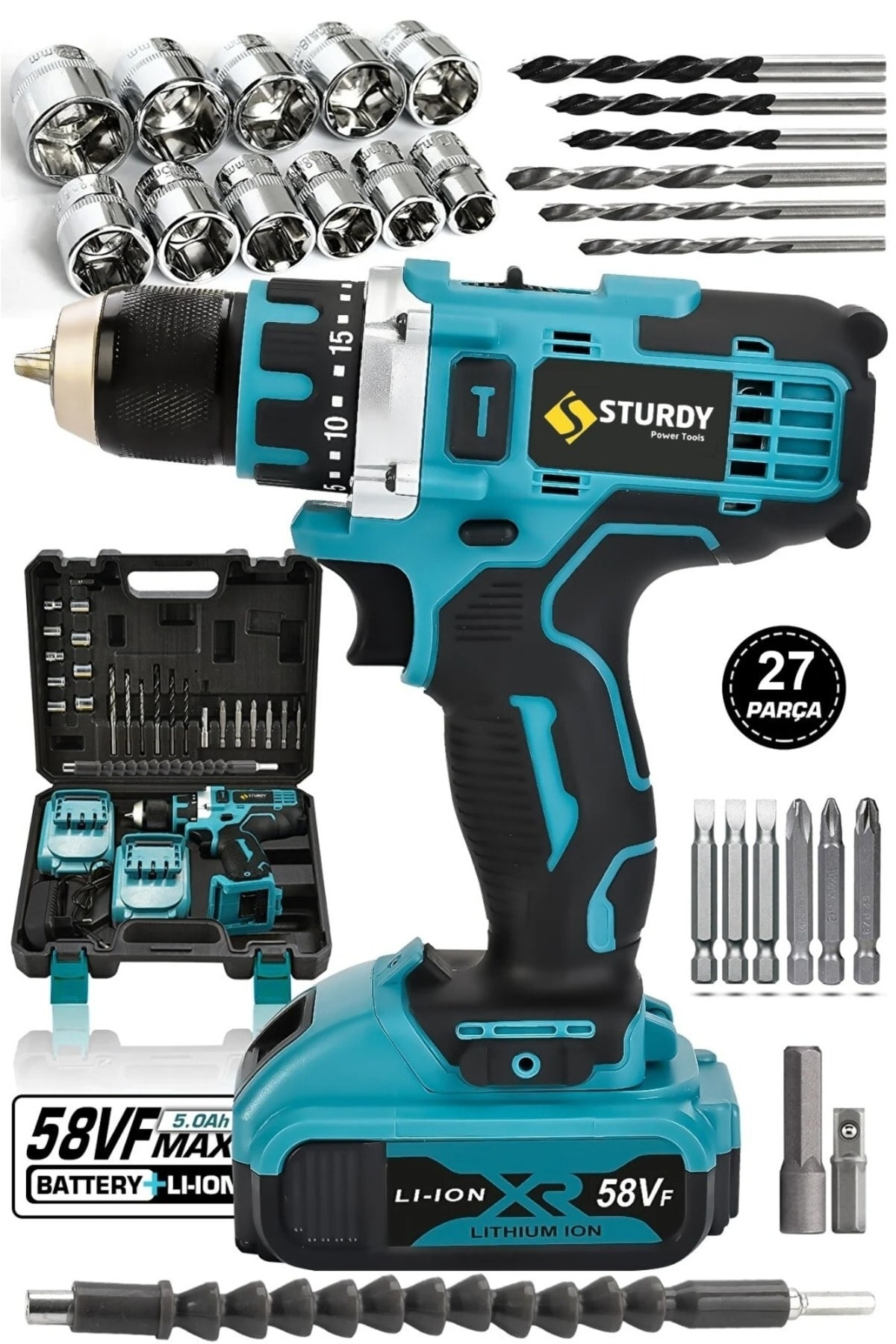Sturdy SR SERİES Yeni Seri Şarjlı Matkap Çift Akülü 26Parça Yaprak Set Hediyeli 58 Vf 000-3