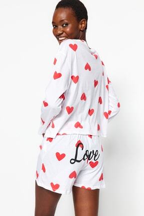 TRENDYOLMİLLA Çok Renkli Kalp Baskılı Pamuklu Uzun Kollu T-shirt-Şort Örme Pijama Takımı THMSS21PT0471