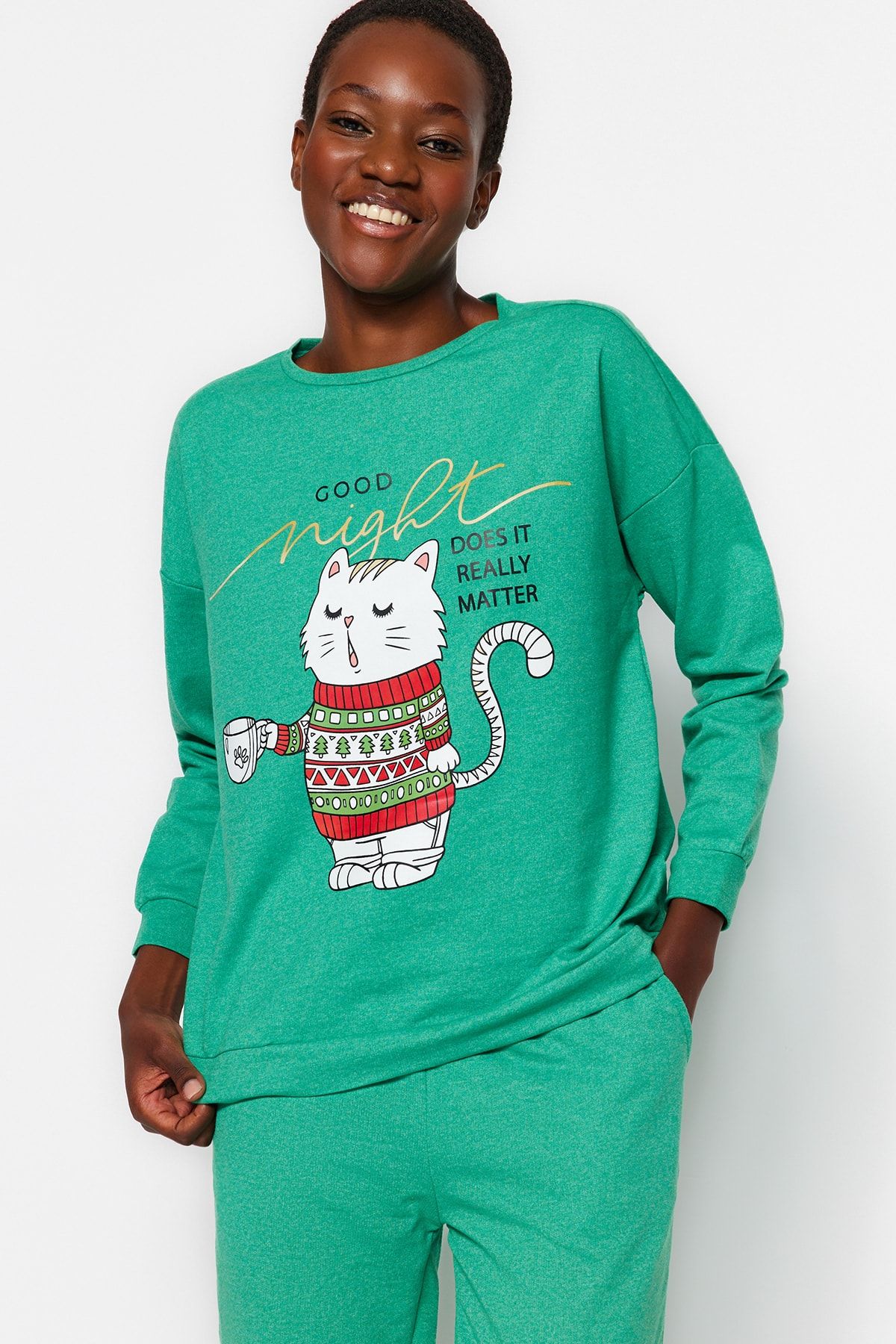 Trendyol Collection-Green Cotton Winter Themed Knitted Pajamas Set Thmaw22Pt1333 2