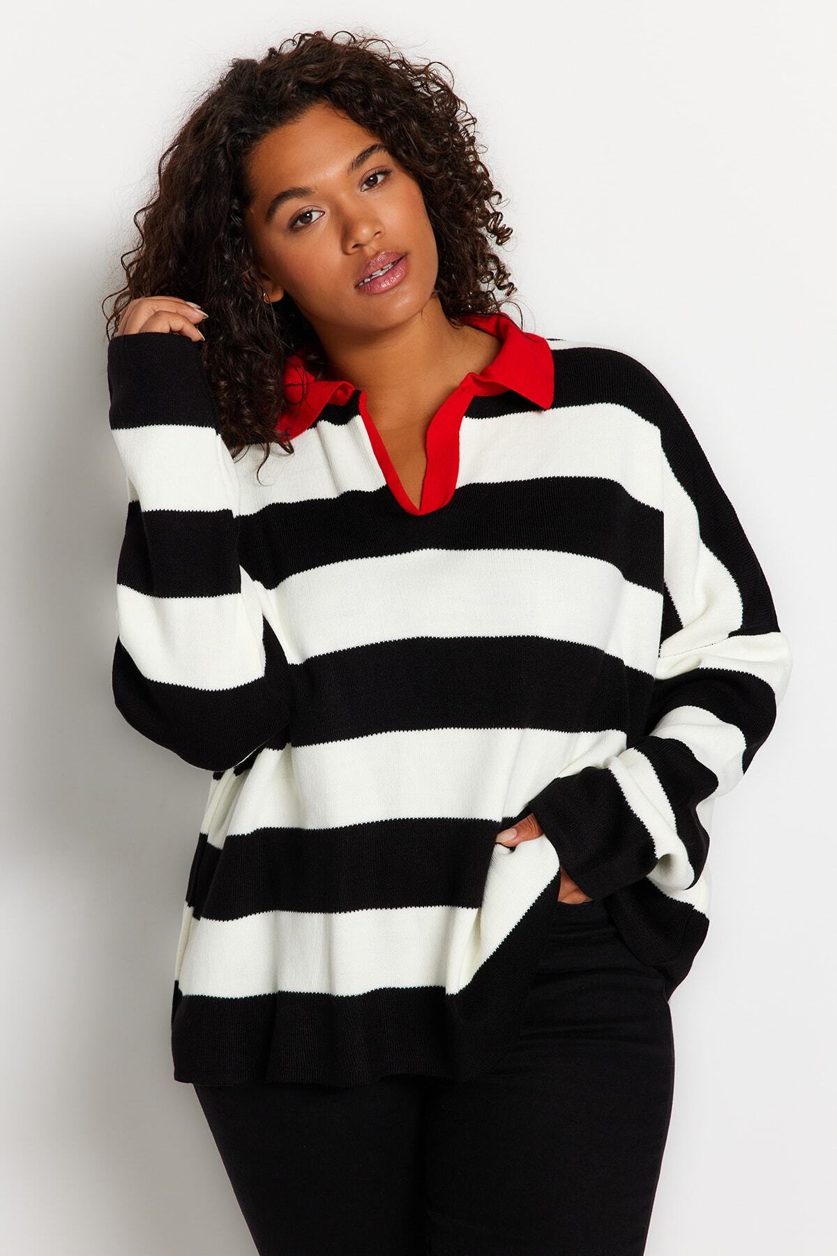 Trendyol Curve-Pulover tricot cu dungi cu gât polo roșu TBBAW23AN00045 3