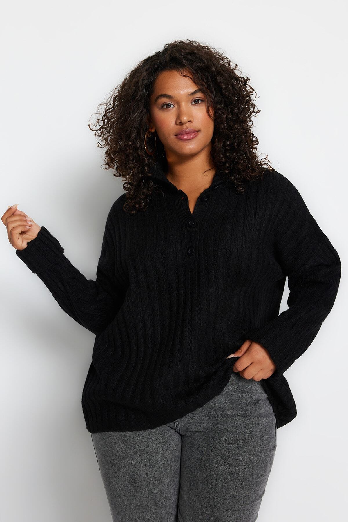 Trendyol Curve-Pulover din tricot cu nervuri - negru, cu nasturi TBBAW24AN00045 1