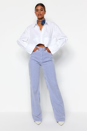 TRENDYOLMİLLA Çok Renkli Çizgili Yüksek Bel Wide Leg Jeans TWOSS23JE00246
