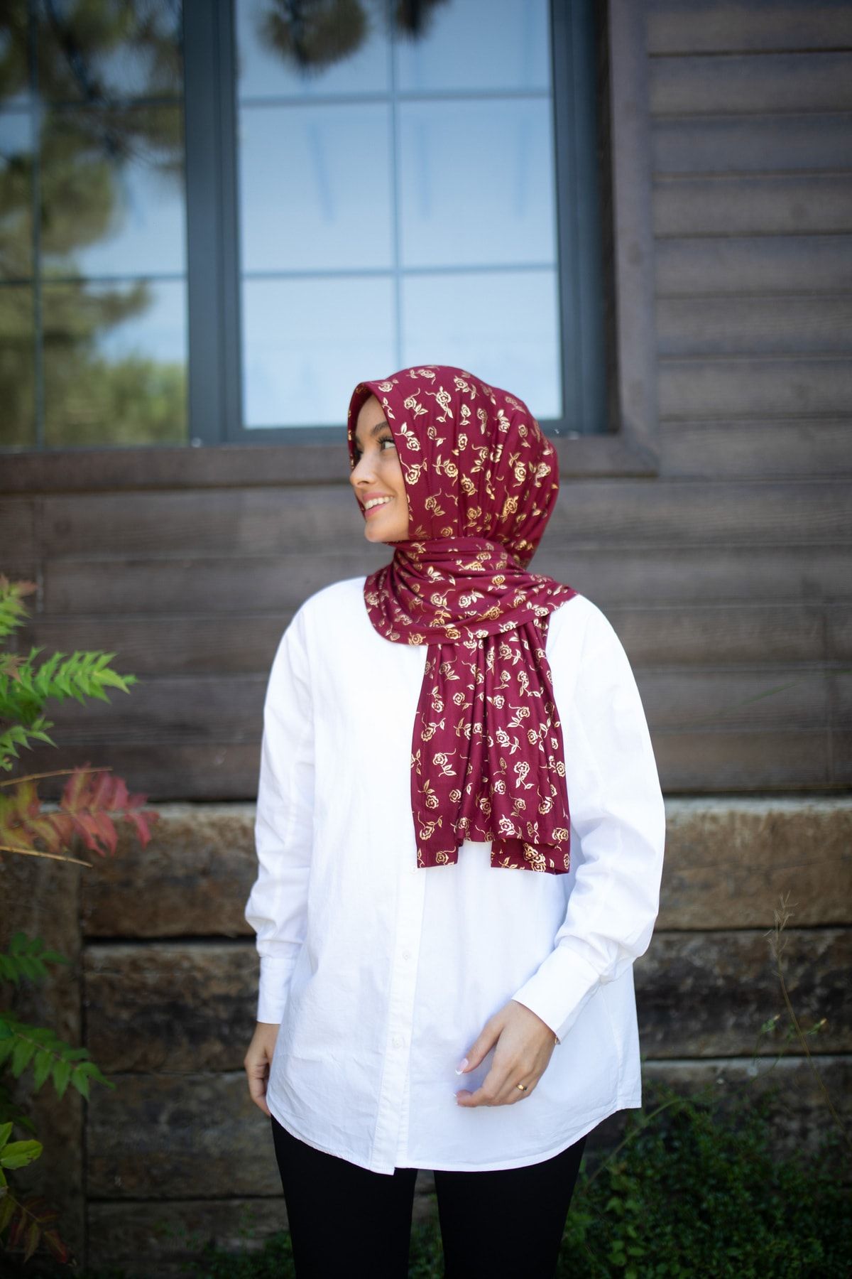 ELANS-Combed Cotton Ready Practical Shawl Gold gilded foil rose patterned BORDO 3