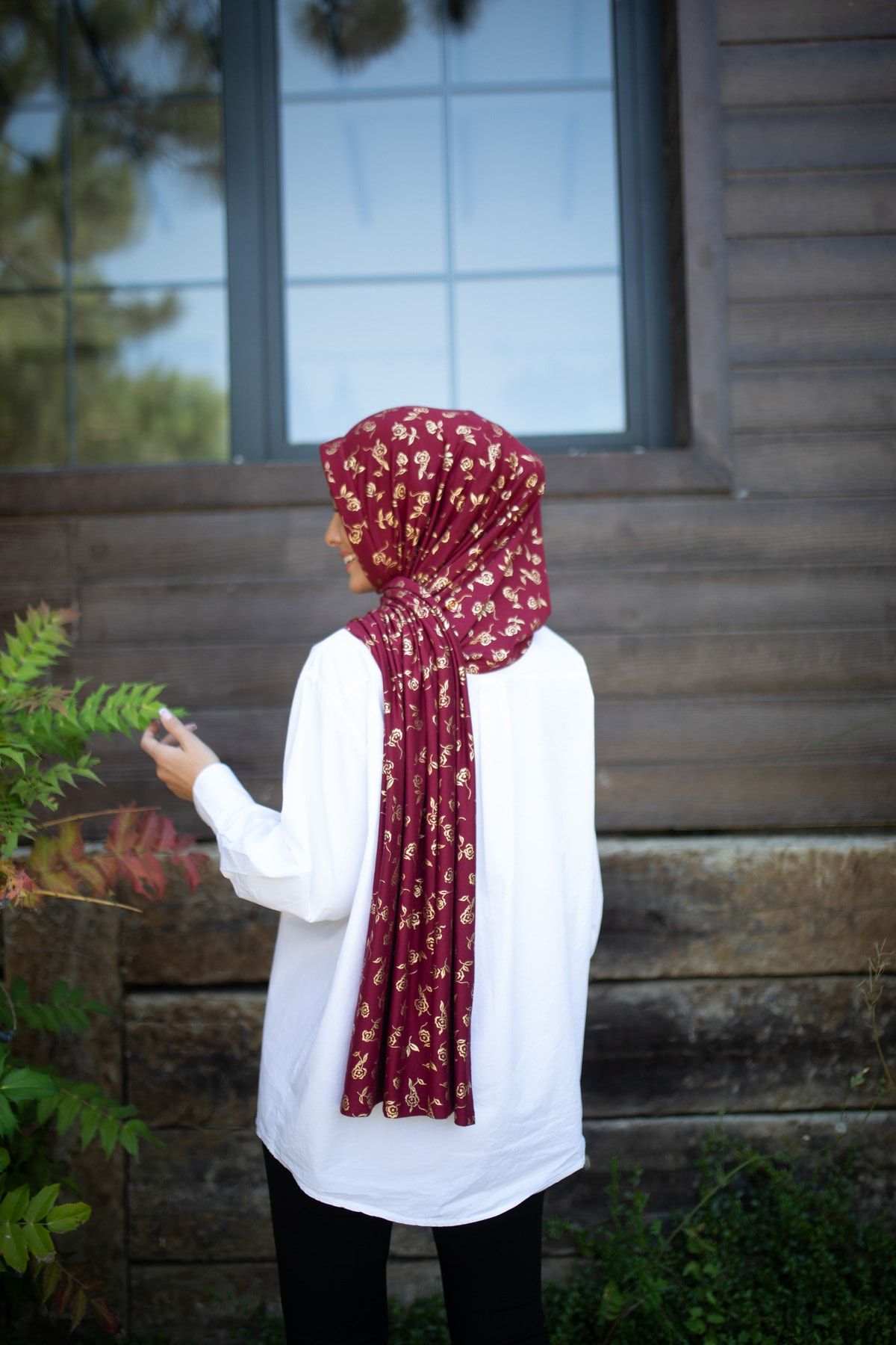 ELANS-Combed Cotton Ready Practical Shawl Gold gilded foil rose patterned BORDO 5