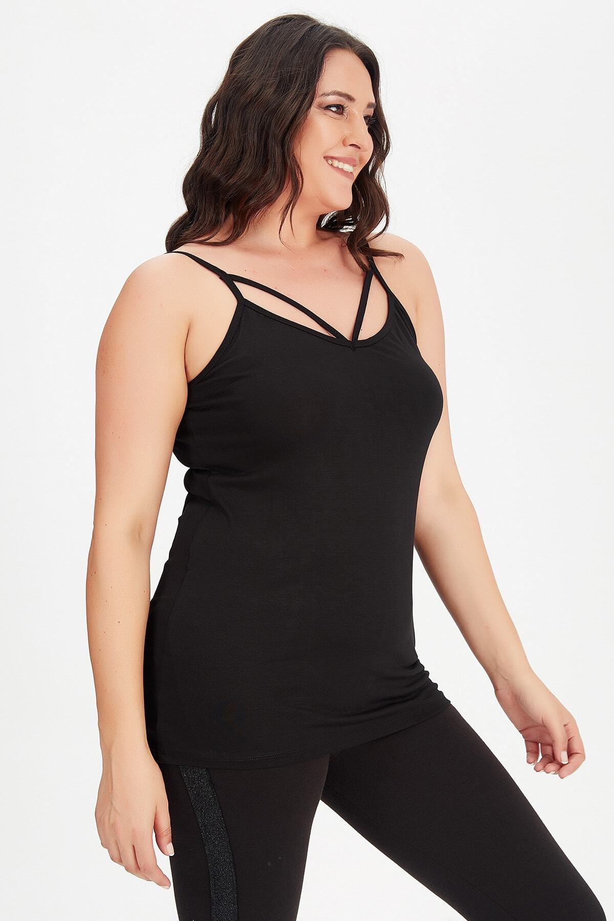 Moda Cazibe-Women's Black Plus Size Collar V-Piece Undershirt Blouse 3