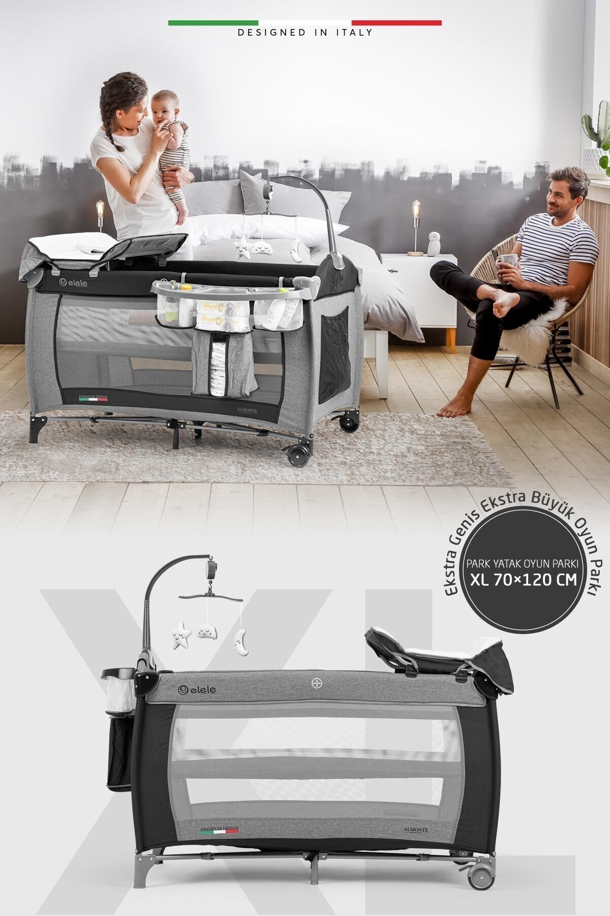 Elele Almonte Oyun Parkı Park Yatak XL 70x120 cm Siyah-Gri fotoğrafı 6 (önizleme)