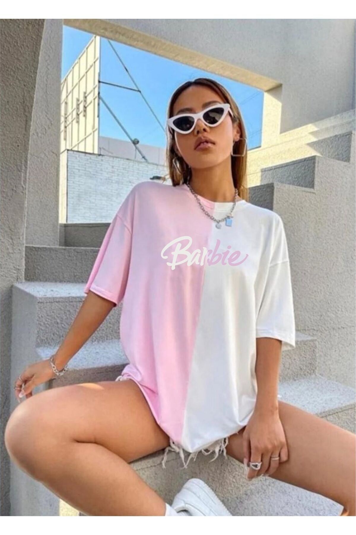 AL KA Women s Barbie Printed Pink and White Oversized T Shirt