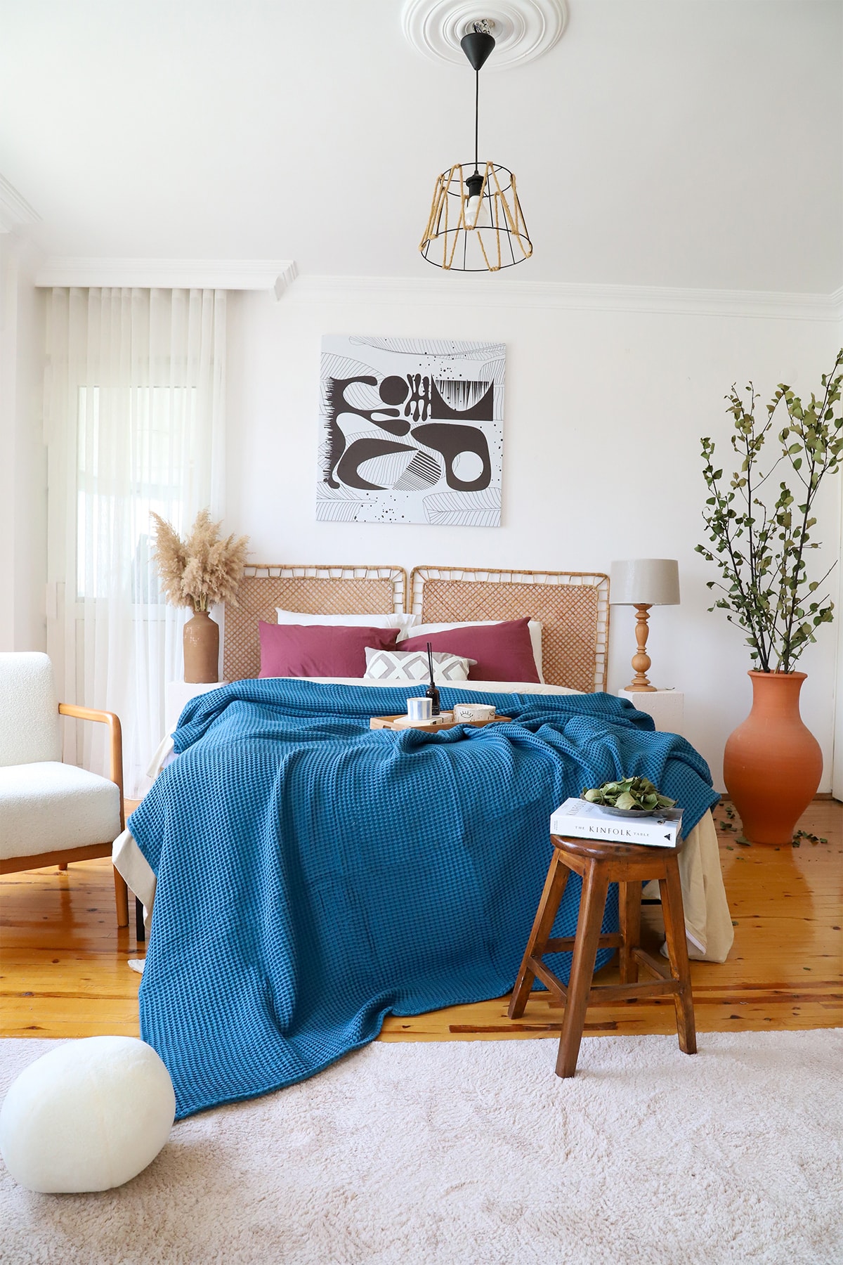 Double Waffle Quilting Bedspread Cotton Indigo Blue 220x240 cm