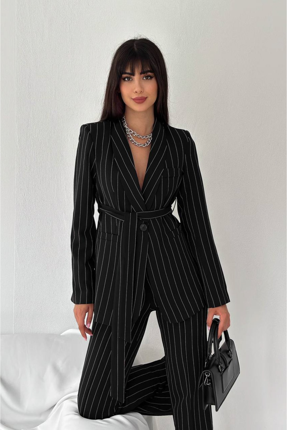 Bella Breeze Kadın Bağlamalı Sahte Cepli Kemerli Şal Yaka Blazer Ceket Boru Paça Esnek Pantolon Takım Elbise