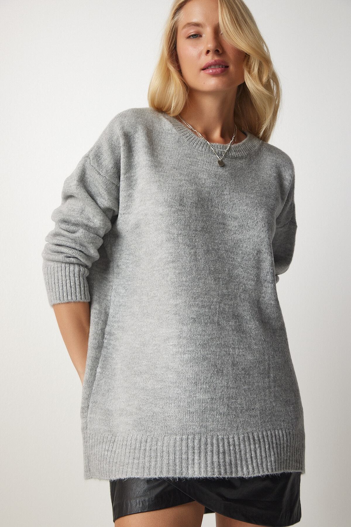 Happiness İstanbul Szary sweter damski oversize z dzianiny PN00054