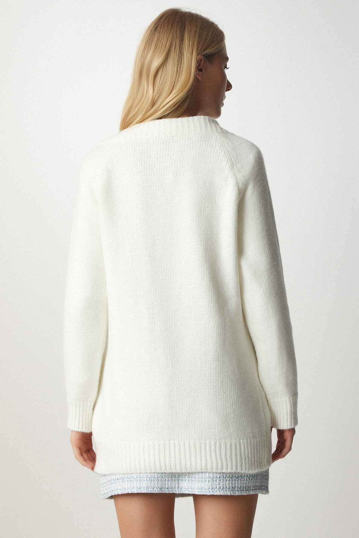 Happiness İstanbul-Lockerer Strickpullover mit V-Ausschnitt und Knochenmuster für Damen ub00121 5