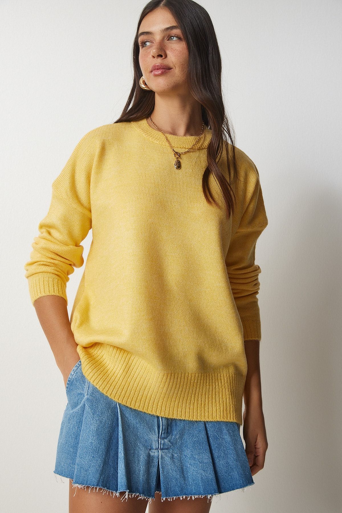 Happiness İstanbul-Women's Yellow Crew Neck Oversize Knitwear Sweater BV00085 3