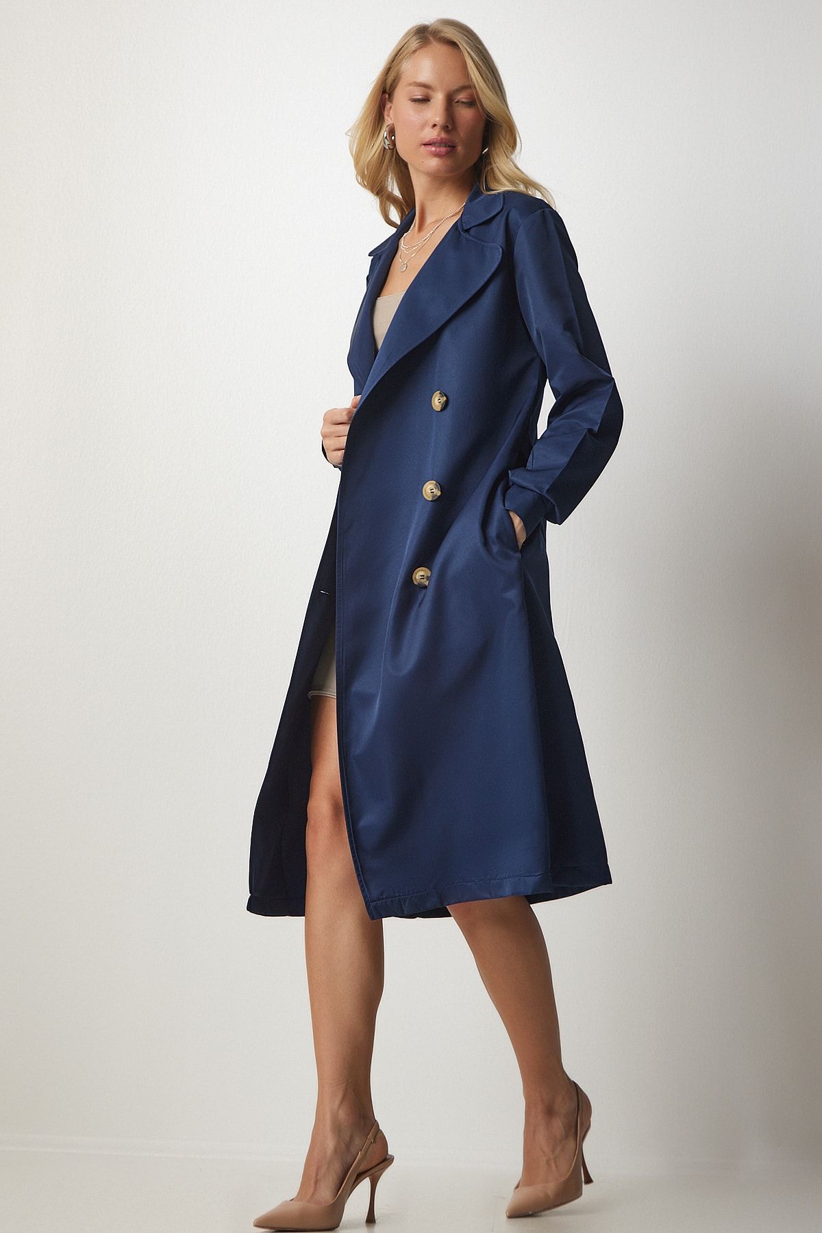 Dark blue outlet trench coat womens