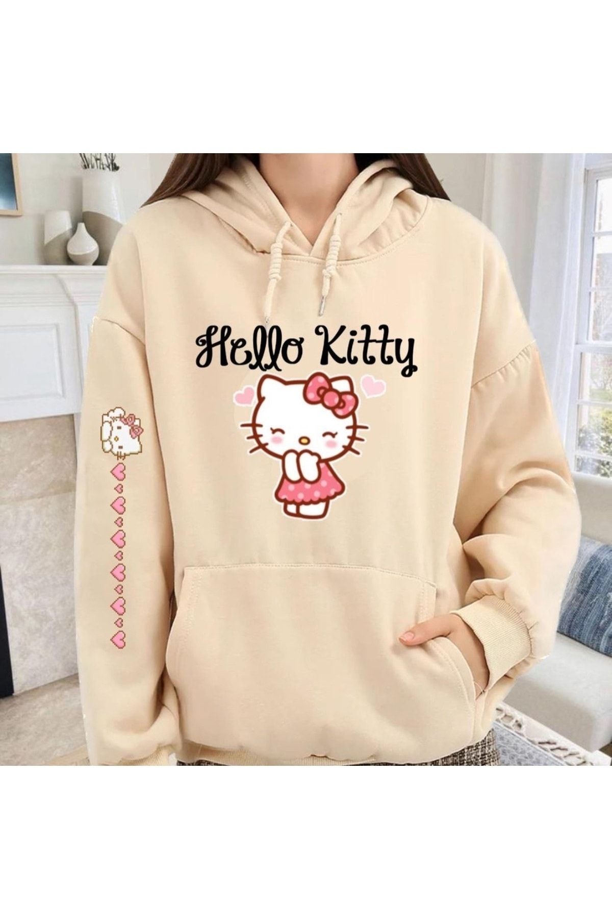Keywest Plus Size Hello Kitty Printed 3 thread Oversize Beige