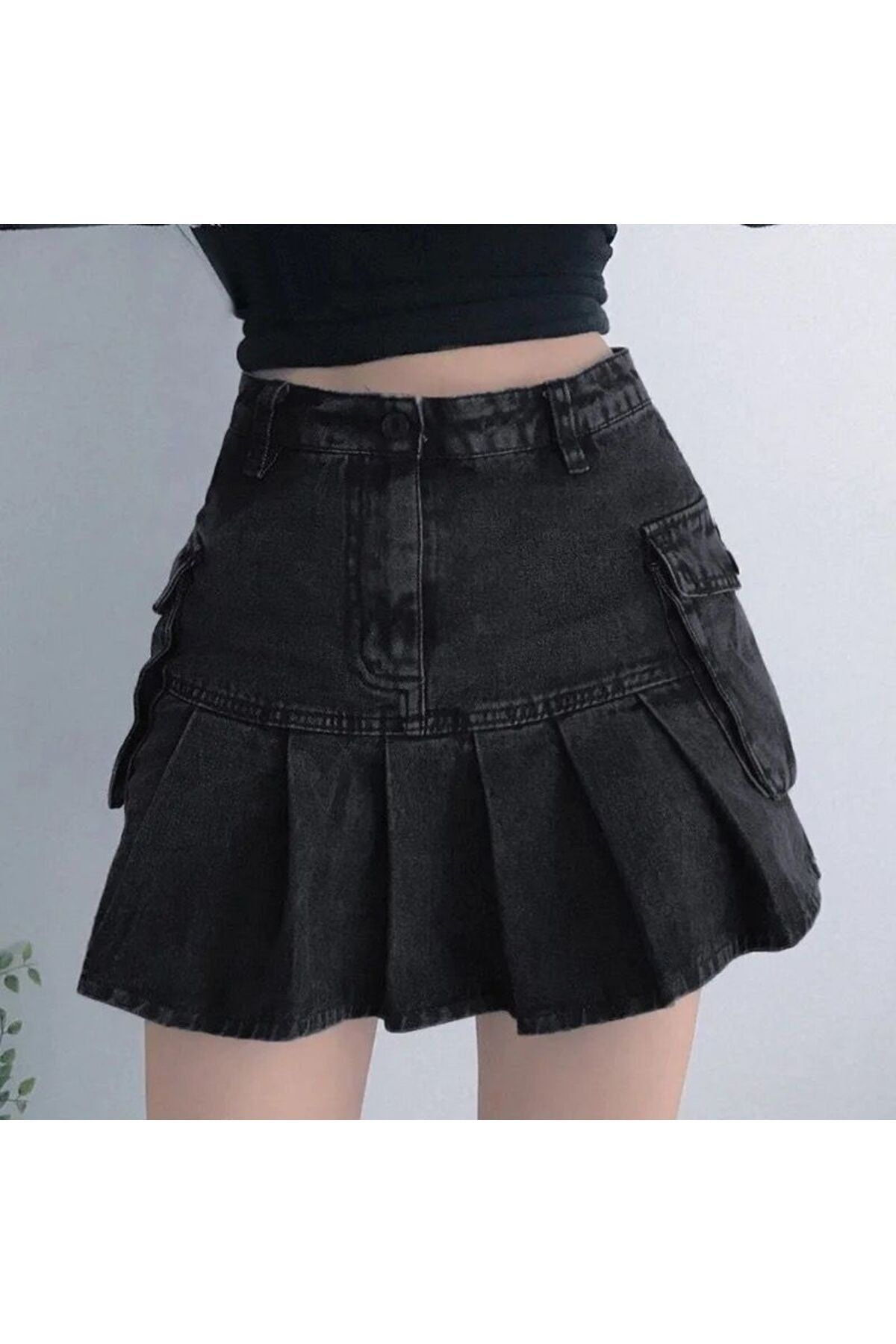 Dark pleated denim skirt on sale