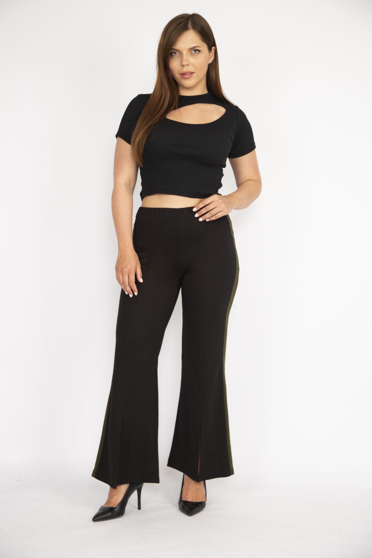 ans Women s Black Plus Size Slit Detailed Wide Leg Side Stripe
