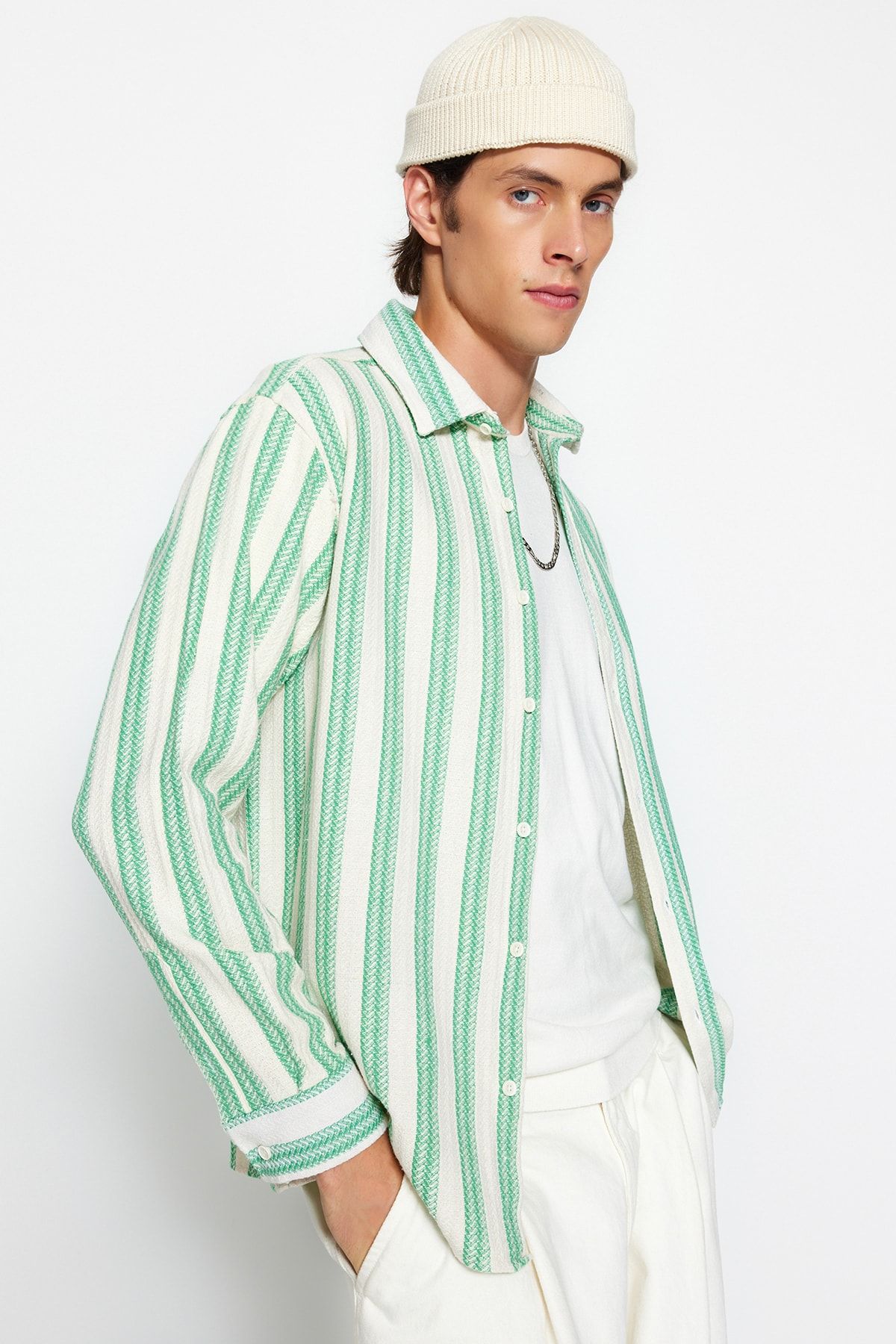 Trendyol Collection White Green Men s Relax Fit Striped Shirt