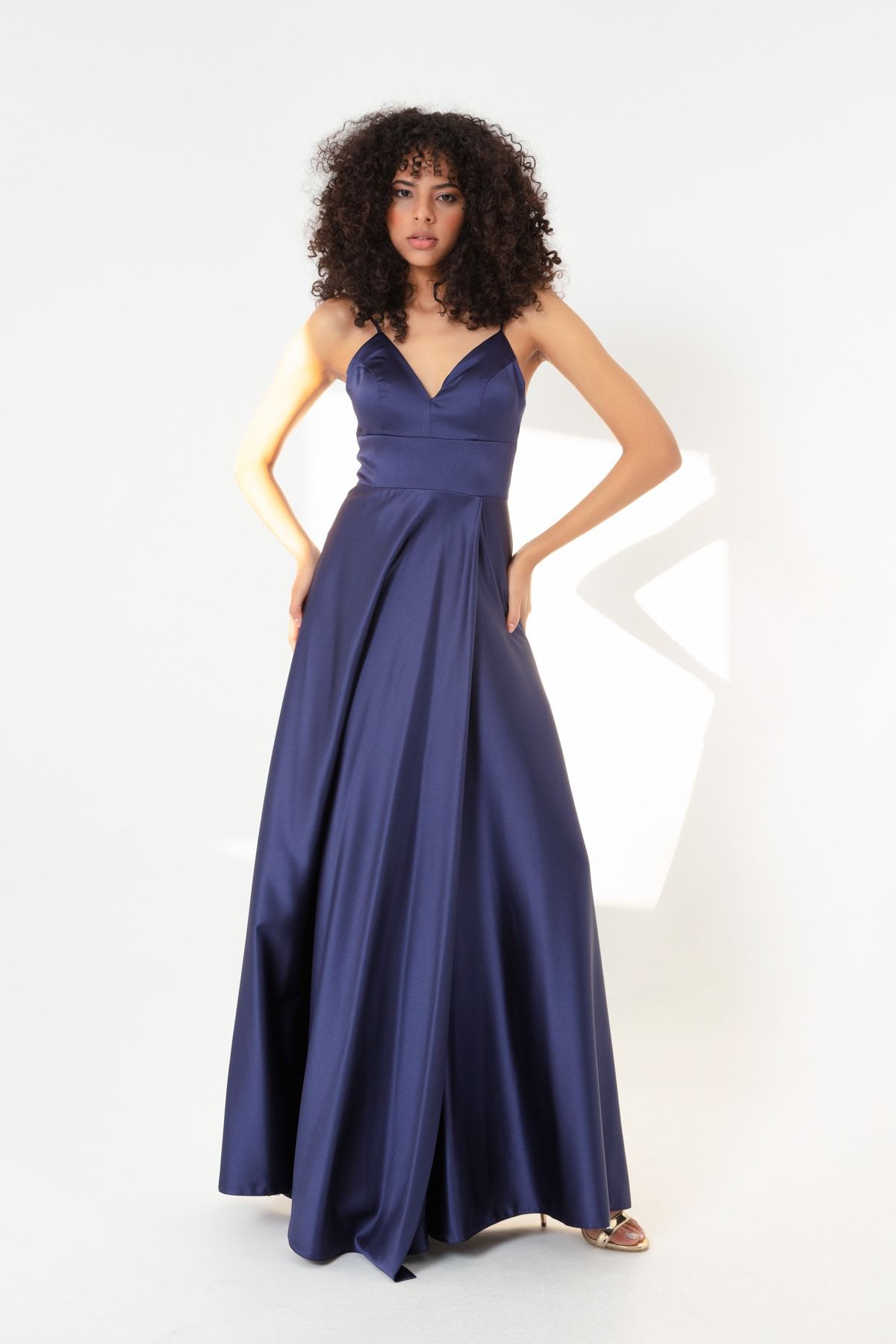 Lafaba Women s Navy Blue Thin Strap Satin Evening Dress