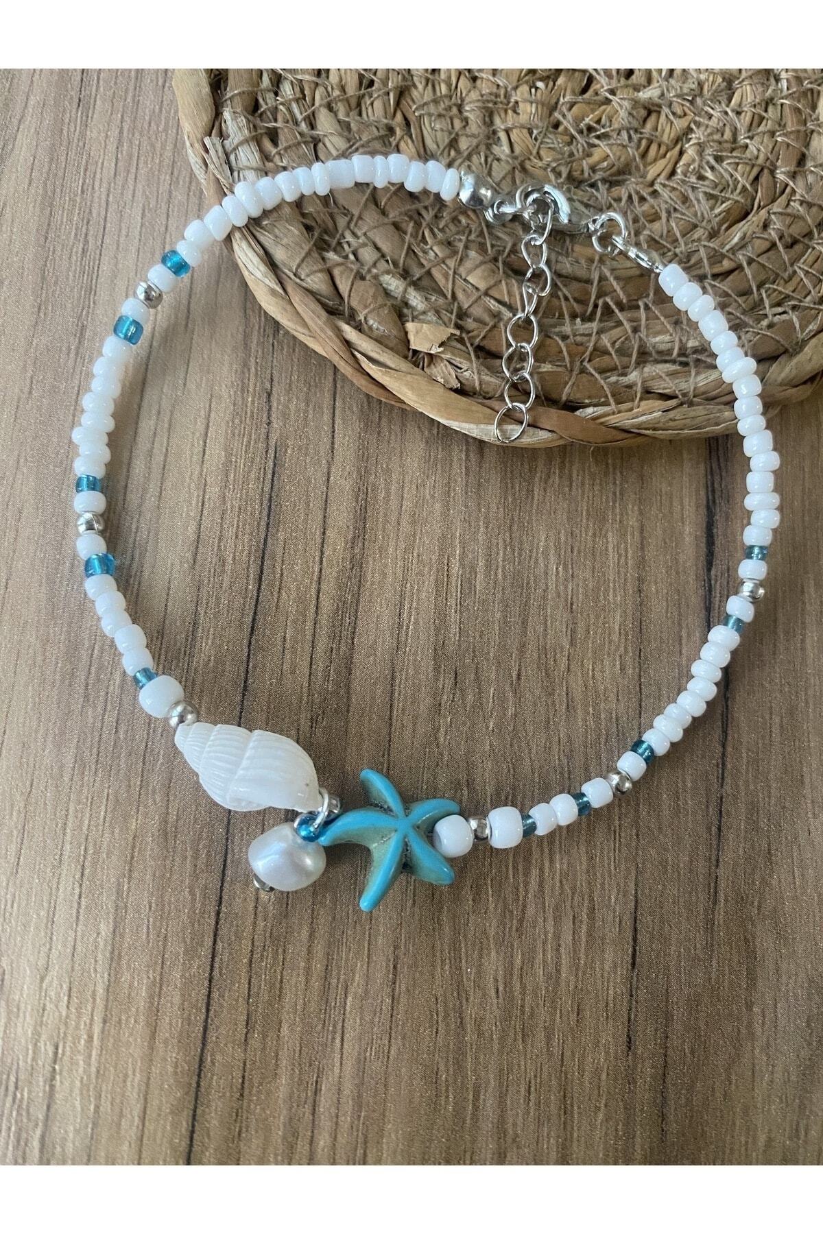 Stoneday-Blue Turquoise Crimped Natural Stone Starry Sea Shell Detailed Pearls Sand Bead Anklet 2