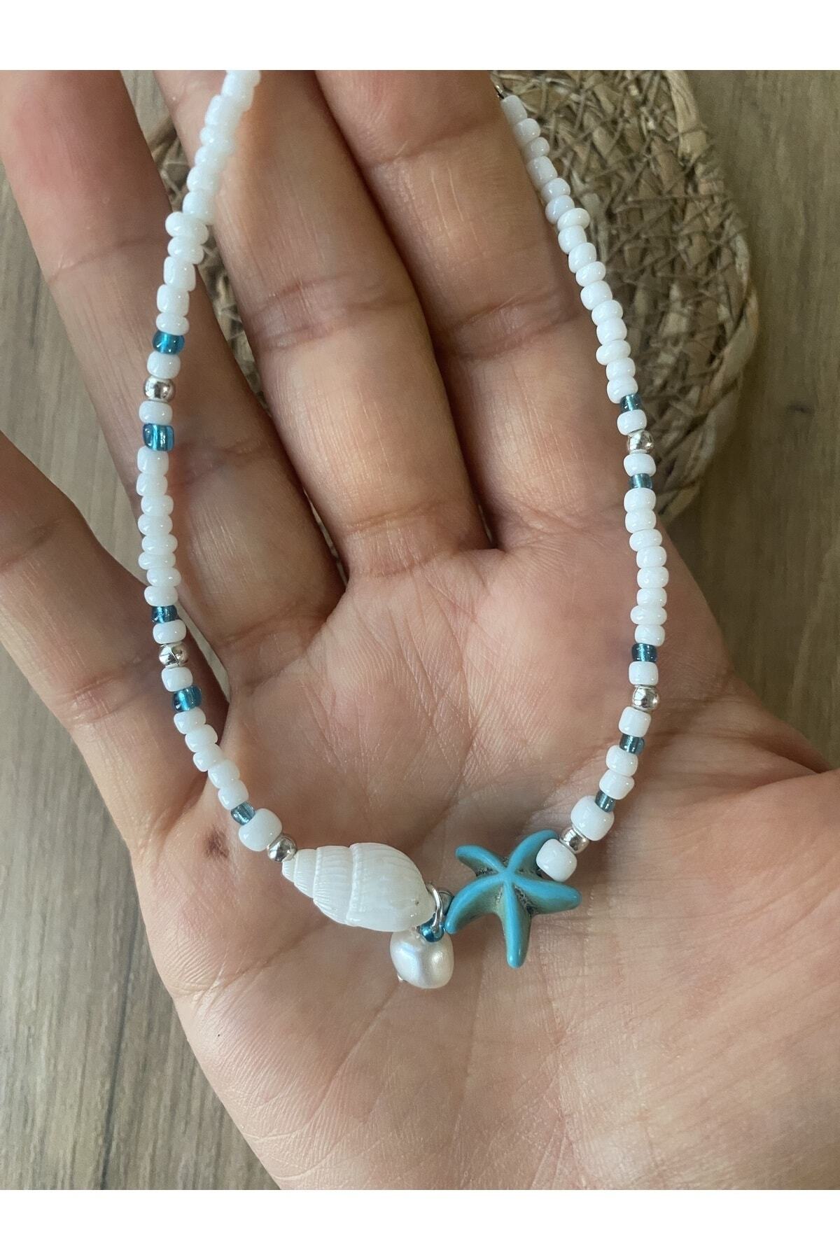 Stoneday-Blue Turquoise Crimped Natural Stone Starry Sea Shell Detailed Pearls Sand Bead Anklet 4