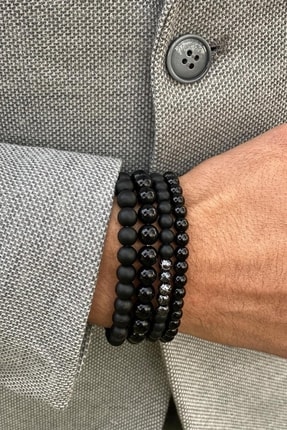 Mıçı Erkek Hematit Oniks Taşı Doğal Taş Dörtlü Set