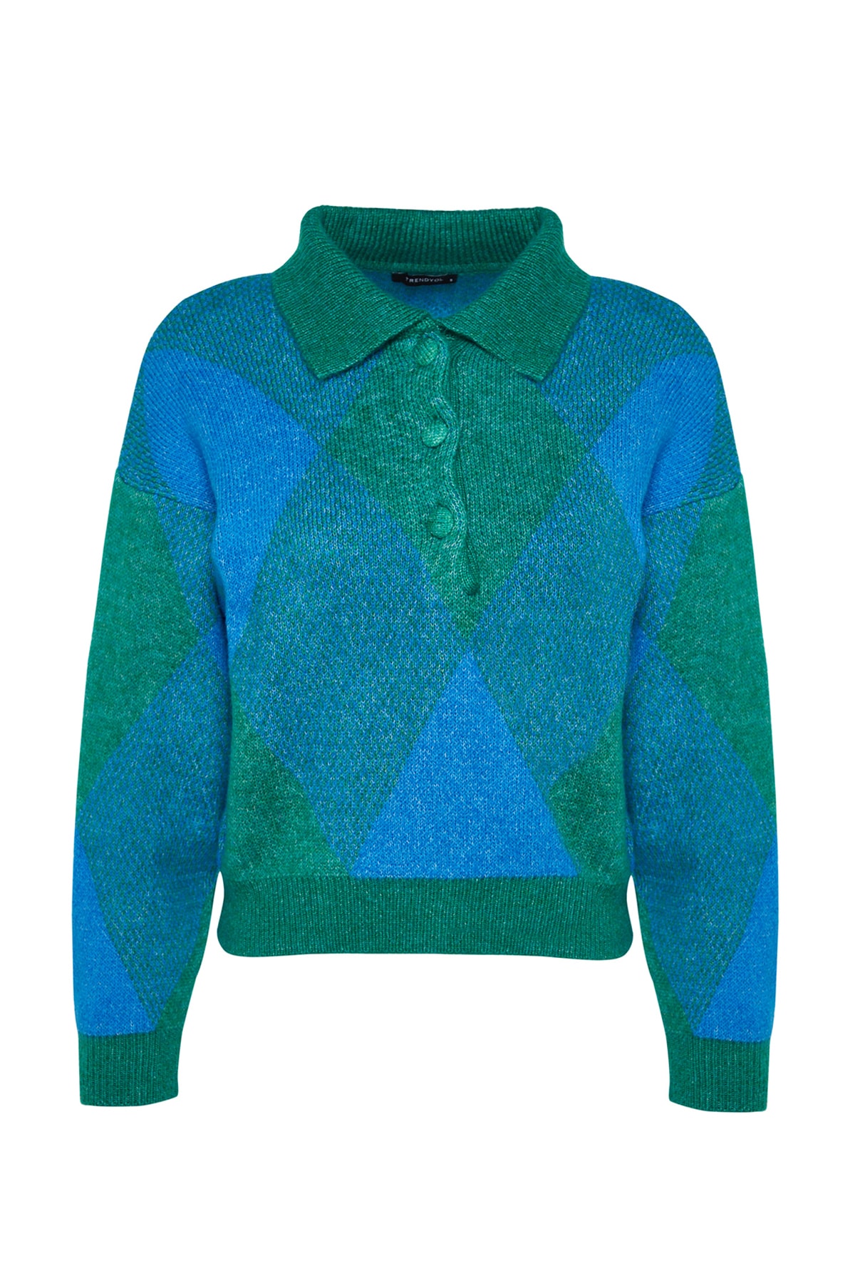 Trendyolmilla  Yeşil Geniş Kalıp Polo Yaka Baklava Desenli Triko Kazak TWOAW24KZ00713 - Görsel 6