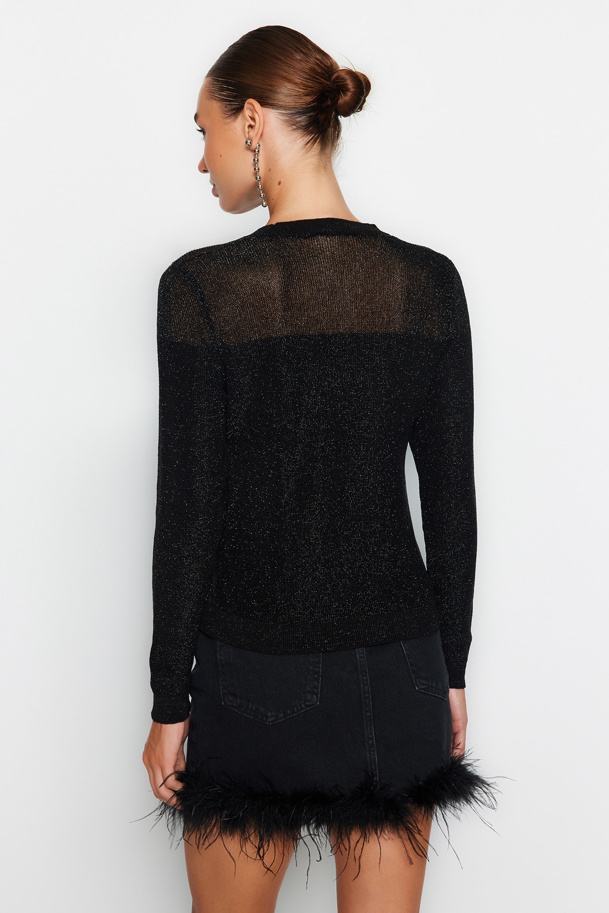 Trendyolmilla  Siyah Simli Transparan Detaylı Triko Kazak TWOAW24KZ01023 - Görsel 6