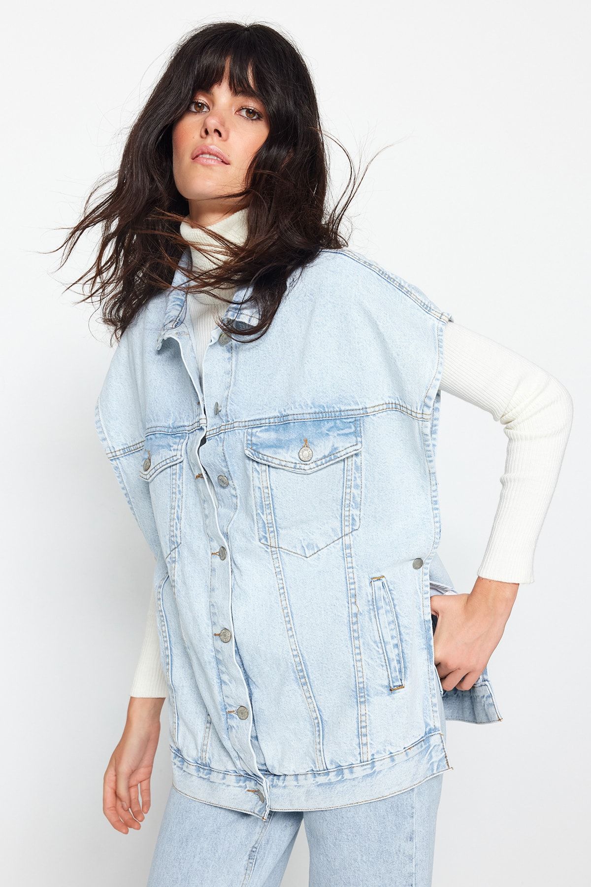TRENDYOL MODEST Indigo Light Blue Regular Cut Denim Jeans Vest