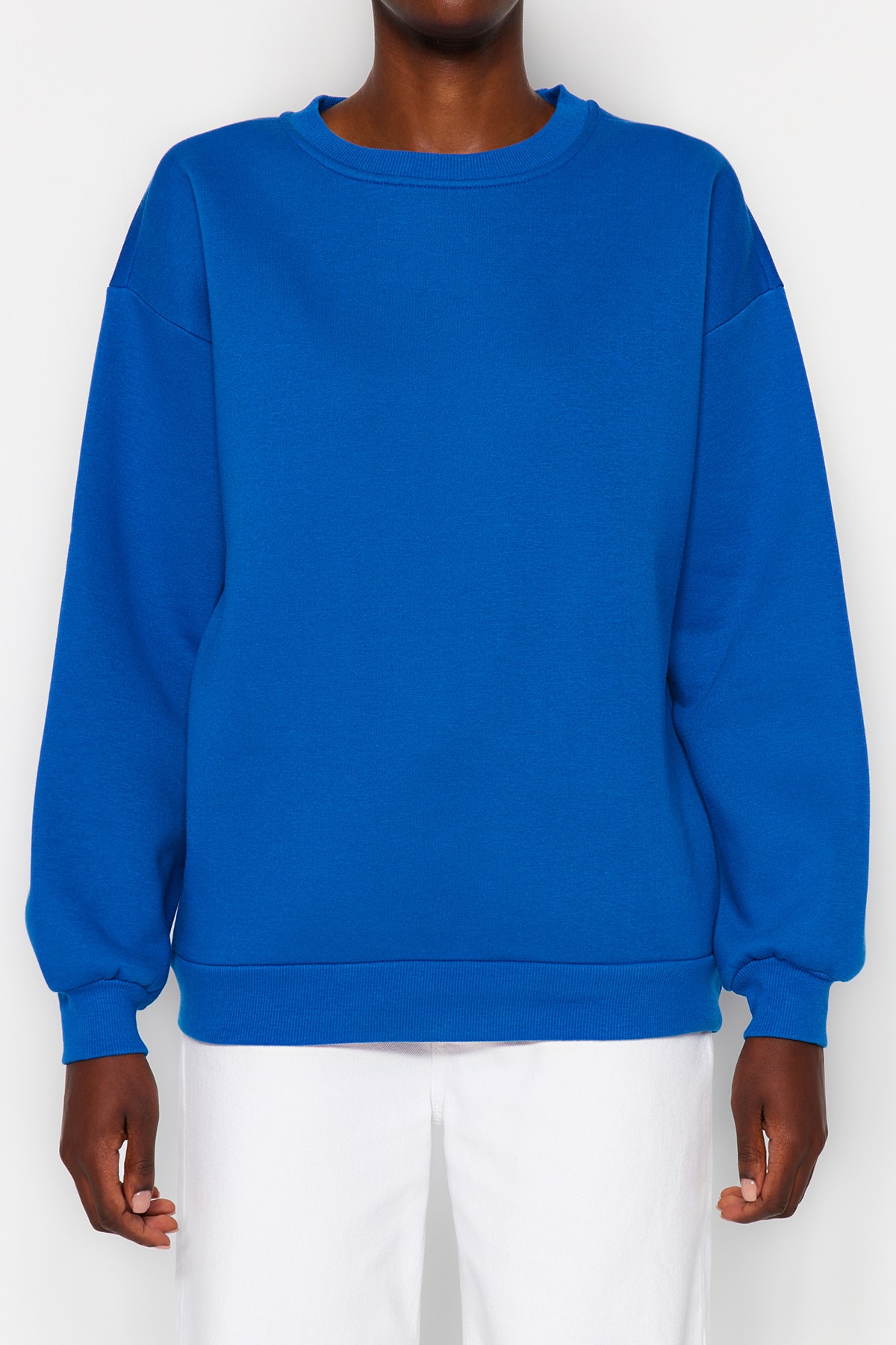 Trendyolmilla  Saks Oversize/Rahat Kesim Basic Bisiklet Yaka Kalın/İçi polarlı Örme Sweatshirt TWOAW24SW00102 - Görsel 7