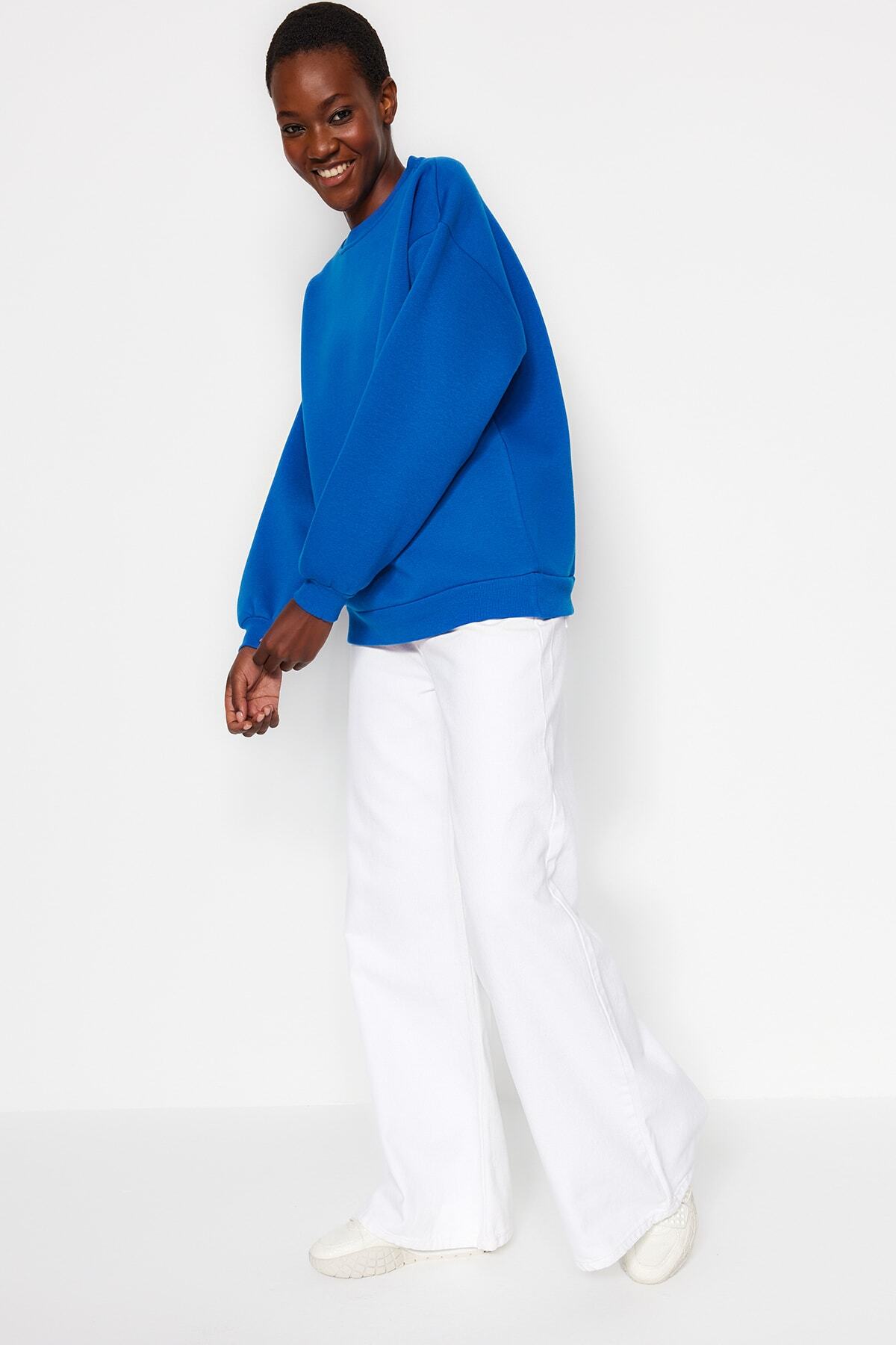 Trendyolmilla  Saks Oversize/Rahat Kesim Basic Bisiklet Yaka Kalın/İçi polarlı Örme Sweatshirt TWOAW24SW00102 - Görsel 8