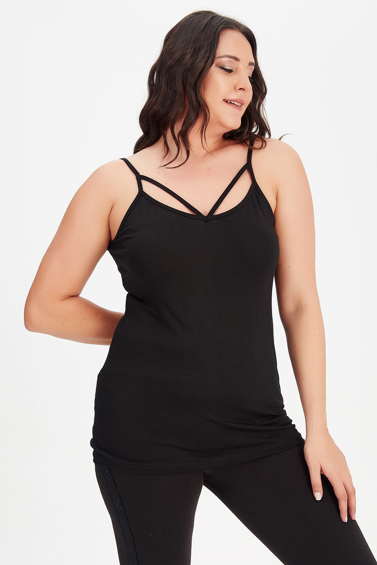 Moda Cazibe-Women's Black Plus Size Collar V-Piece Undershirt Blouse 5