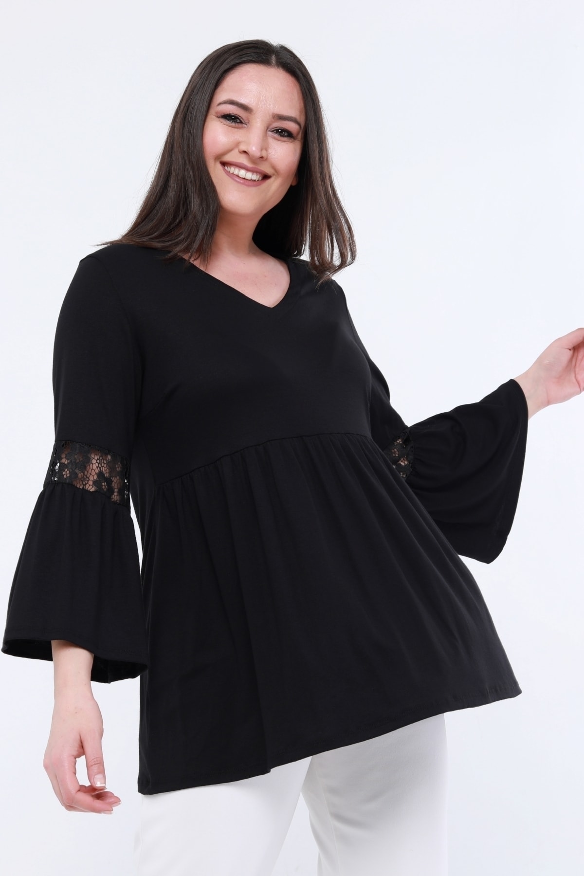 Curvy Trend Büyük Beden Dantel Detaylı Ispanyol Kol Tunik