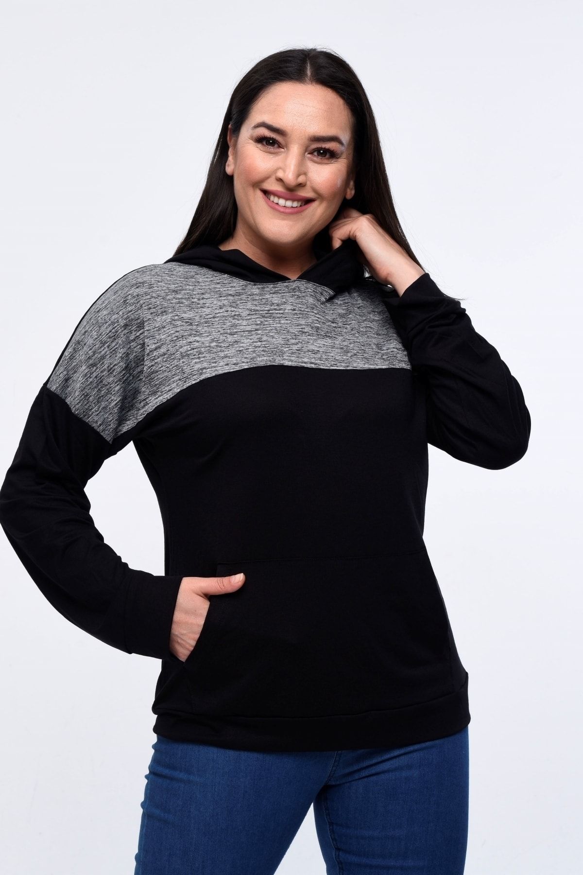Curvy Trend-Φούτερ με κουκούλα σε μεγάλο μέγεθος Roba Grey Melange Garni 1