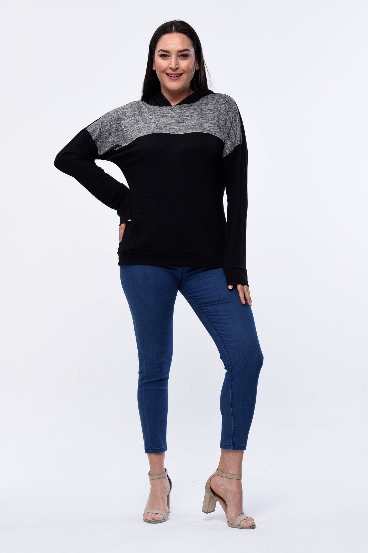 Curvy Trend-Φούτερ με κουκούλα σε μεγάλο μέγεθος Roba Grey Melange Garni 4