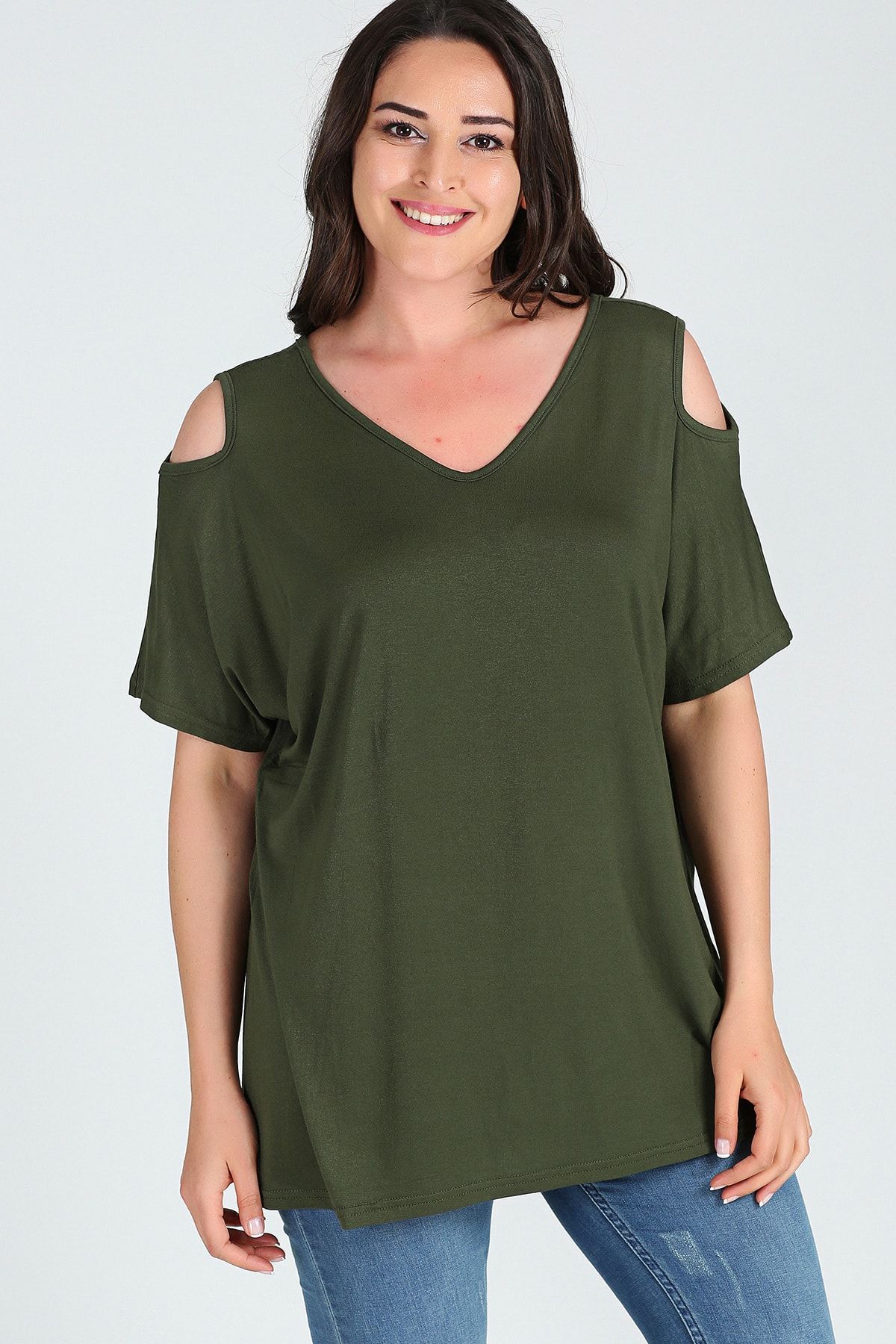 Moda Cazibe-بلوزة نسائية بأكمام قصيرة ونافذة على شكل حرف V M9142 2