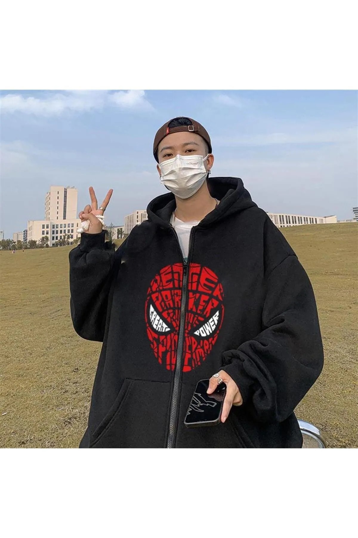 Gofeel Spider-Man Head Baskılı Oversize Fermuarlı Siyah Unisex