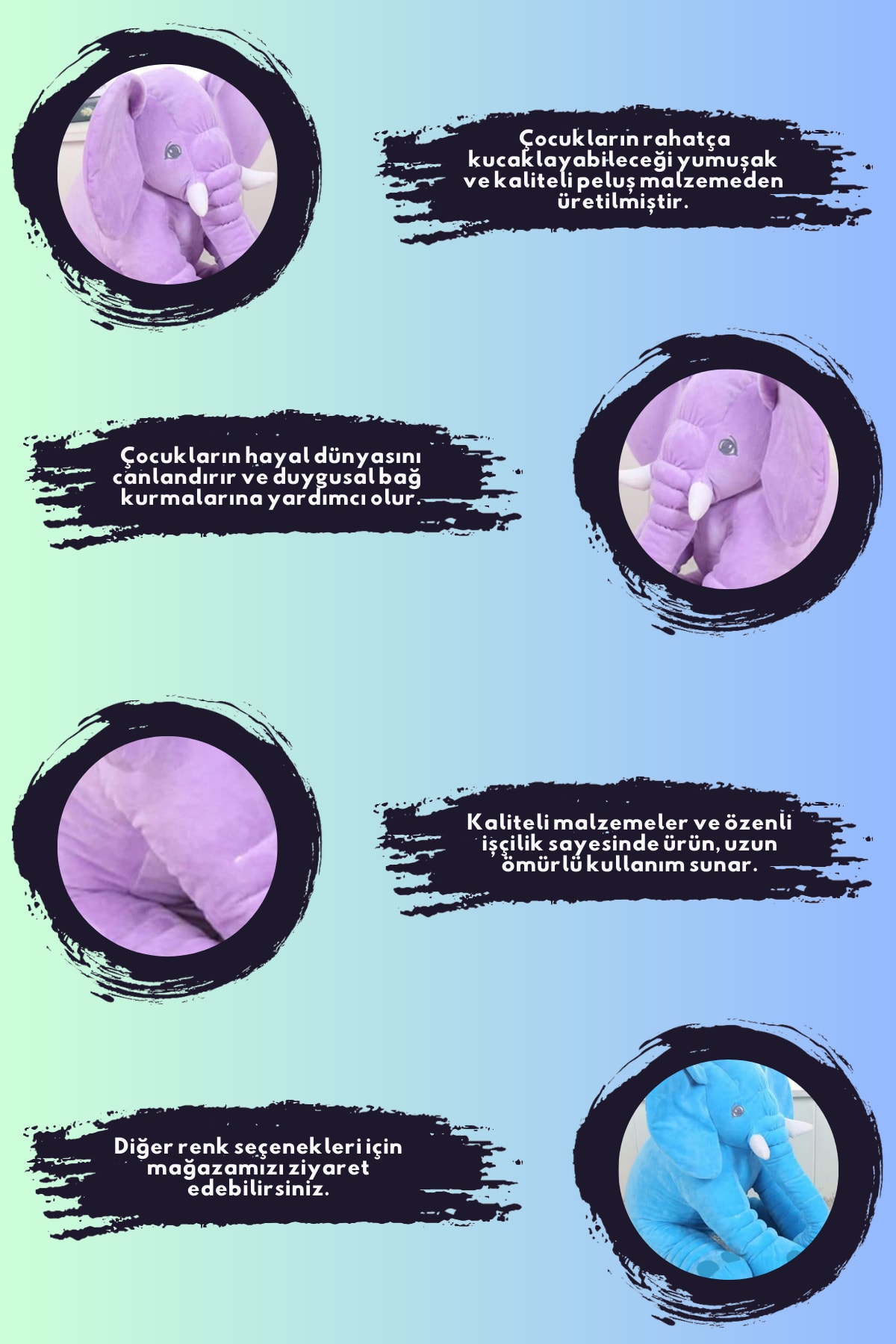 BabyModa Uyku Arkadaşım Lila Renk Peluş Oyuncak Uyku Fili 95 Cm fotoğrafı 2 (önizleme)