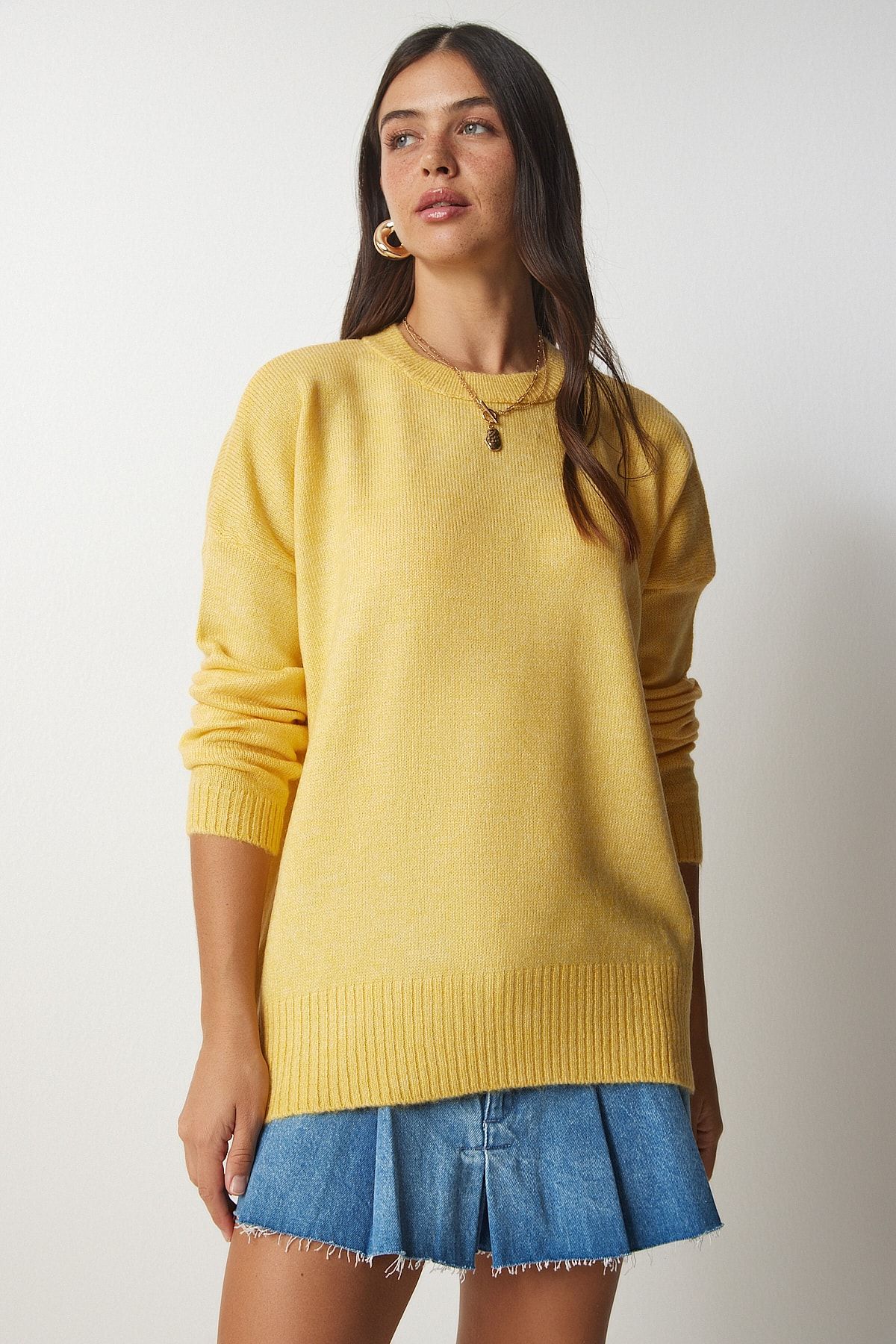 Happiness İstanbul-Women's Yellow Crew Neck Oversize Knitwear Sweater BV00085 1