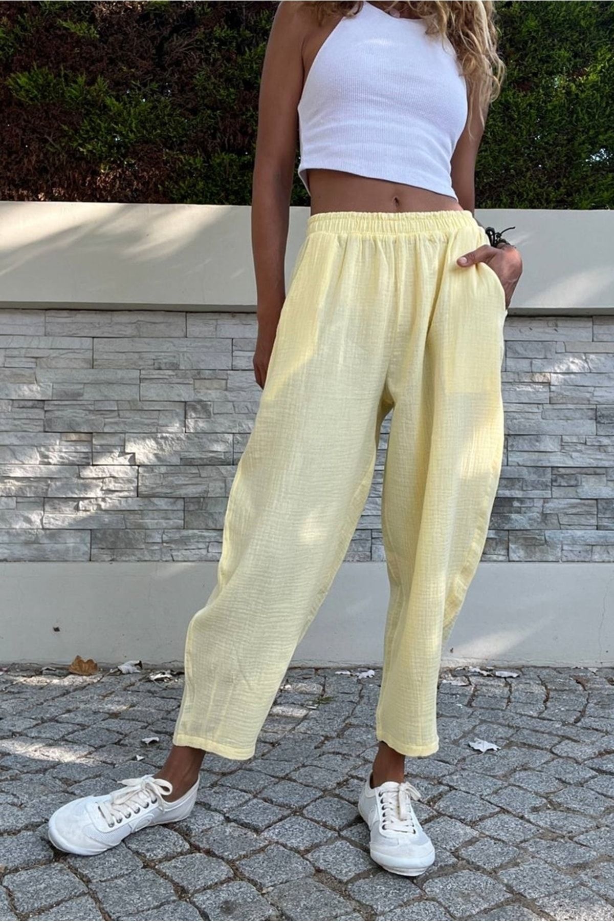 Yellow linen trousers best sale