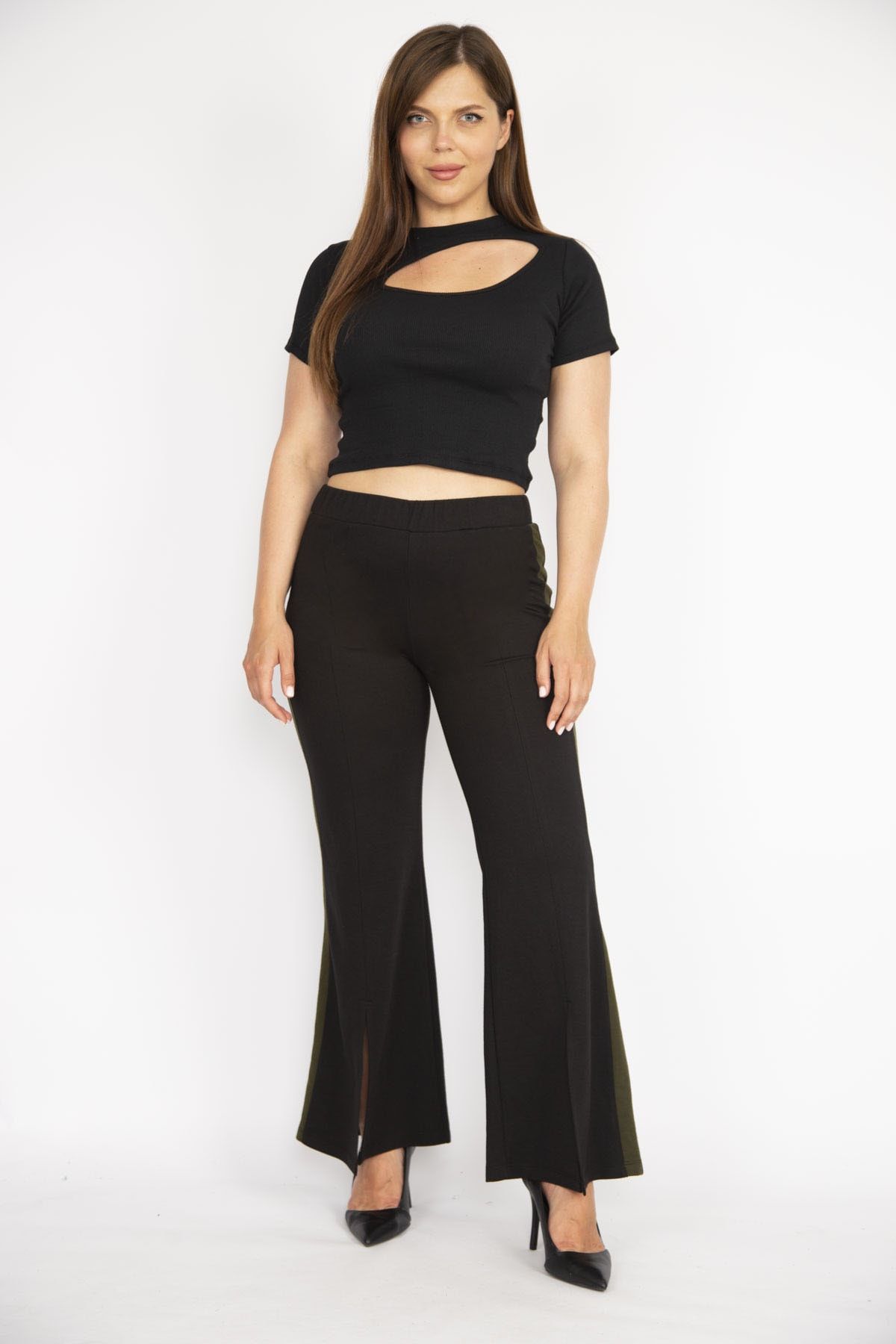 ans Women s Black Plus Size Slit Detailed Wide Leg Side Stripe